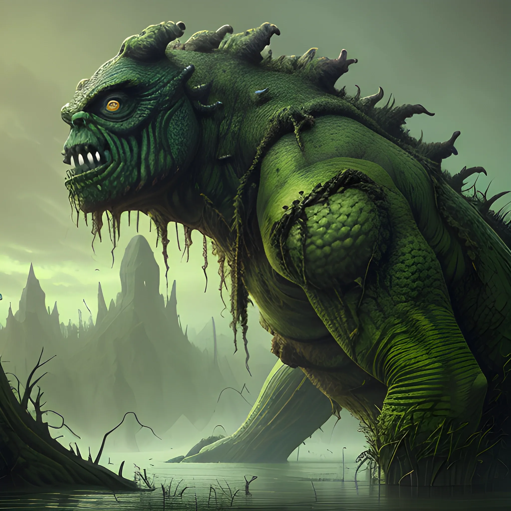 monster from swamp, green monster, big monster, swamps, 8k, high resolution, high quality, detailed, detailed matte painting, deep color, fantastical, intricate detail, splash screen, complementary colors, fantasy concept art, 8k resolution trending on Artstation Unreal Engine