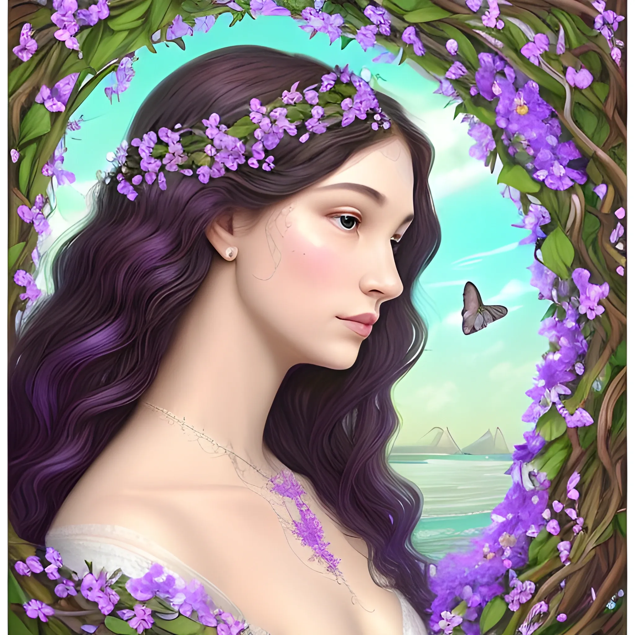 Her woman's face adorned with jasmines and a violet dove waves its wings