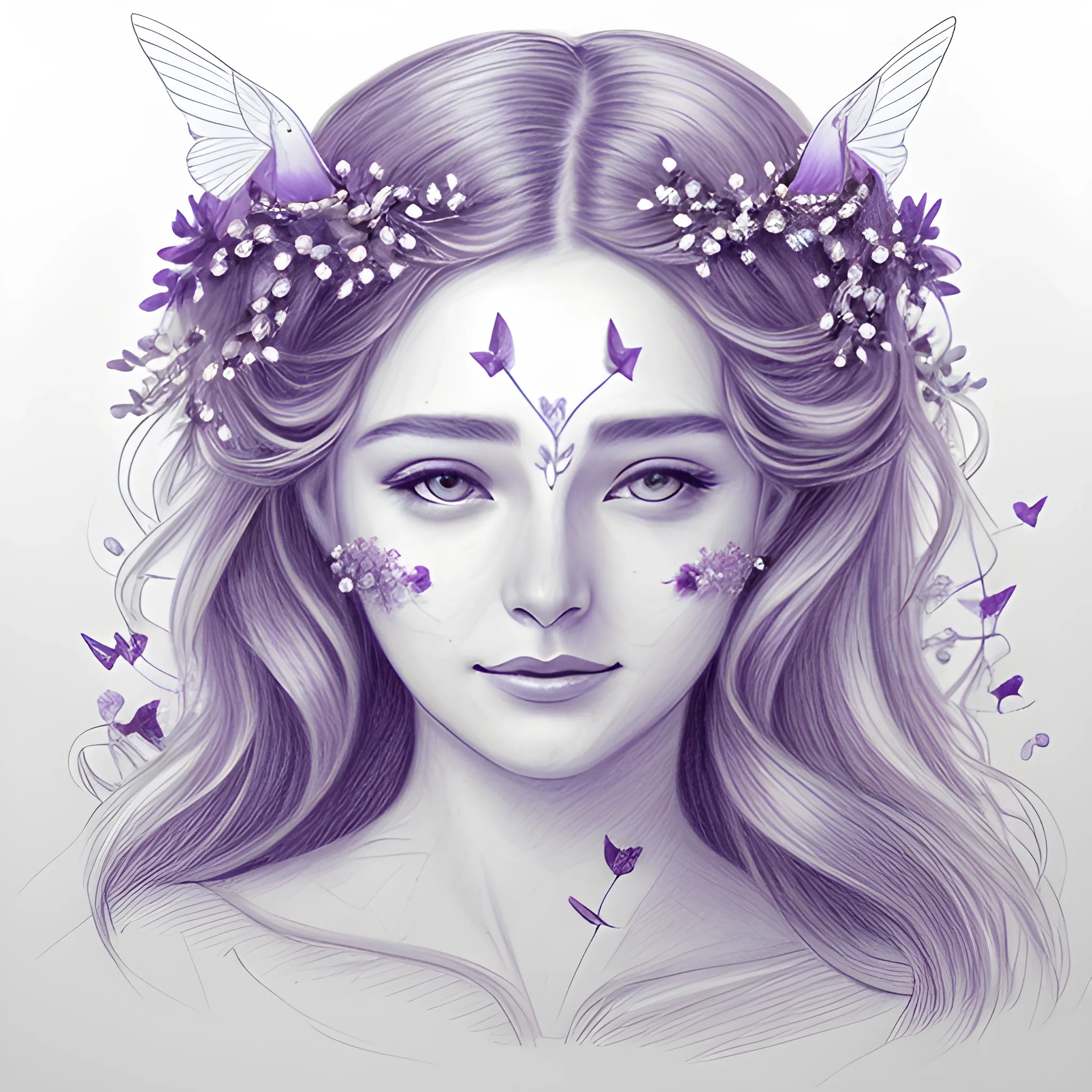 Her woman's face adorned with jasmines and a violet dove waves its wings, Pencil Sketch