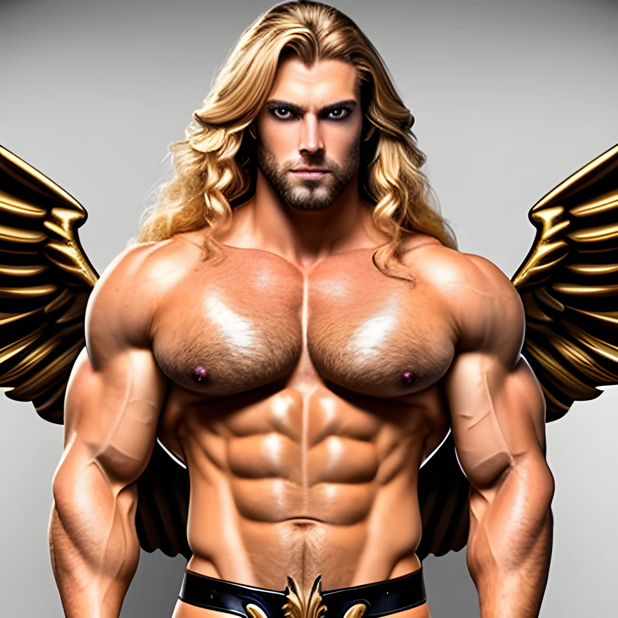 muscular blond Dude with expansive Wings,handsome,beauty,muscle,standing firmly,german, tanned skin,long curly hair,,colorfull small leather tanga with gold details,same facial halves, bulge ,happy,whole body with legs,big bulge,dark piercing eyes,huge bulge,hairy,fine details, young,two identical symmetrical eyes,same colofull eyes, stubble ,blond,very long hair cascading over a hairy Chest,reminiscent of an Angel, 