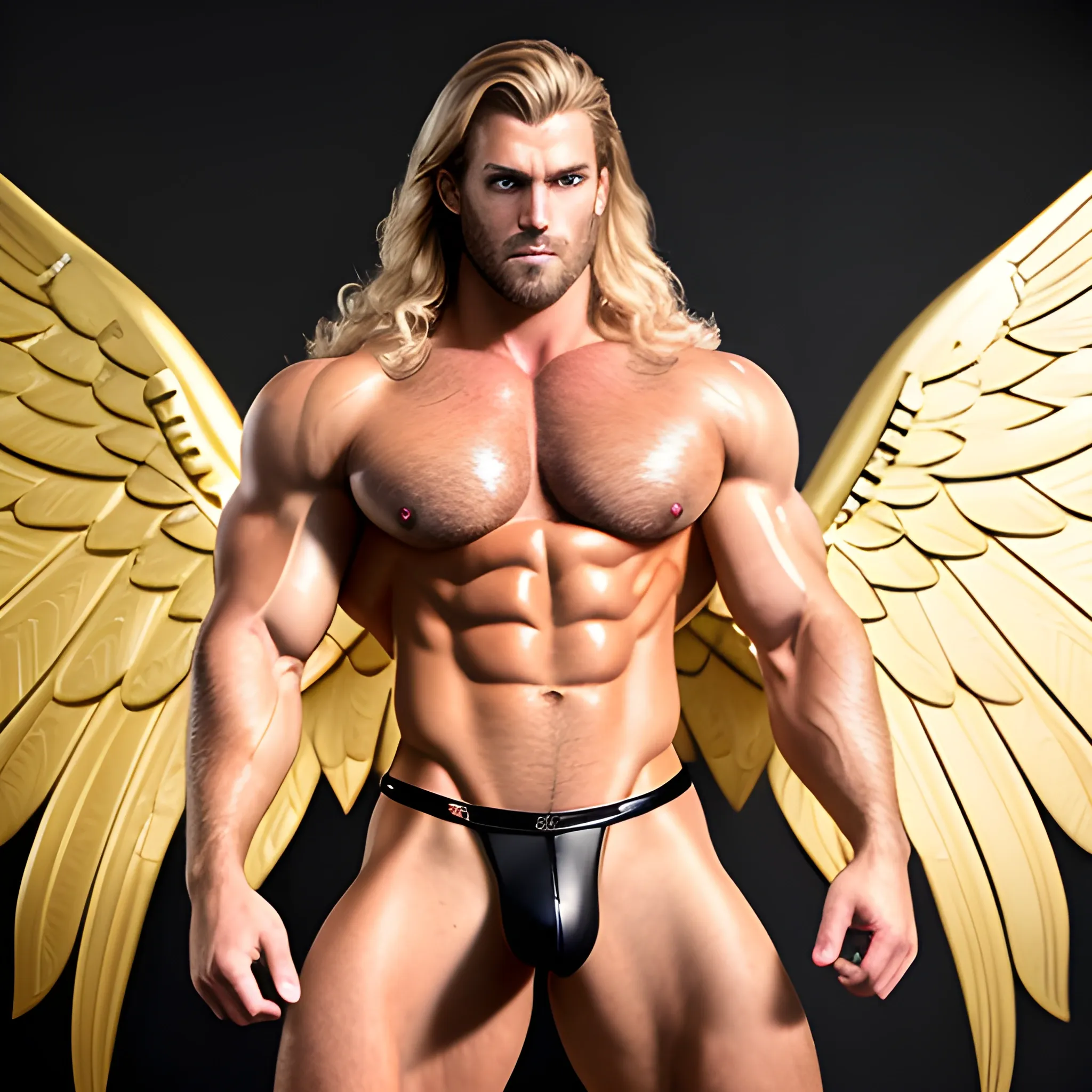 muscular blond Dude with expansive Wings,handsome,beauty,muscle,standing firmly,german, tanned skin,long curly hair,,colorfull small leather tanga with gold details,same facial halves, bulge ,happy,whole body with legs,big bulge,dark piercing eyes,huge bulge,hairy,fine details, young,two identical symmetrical eyes,same colofull eyes, stubble ,blond,very long hair cascading over a hairy Chest,reminiscent of an Angel, 