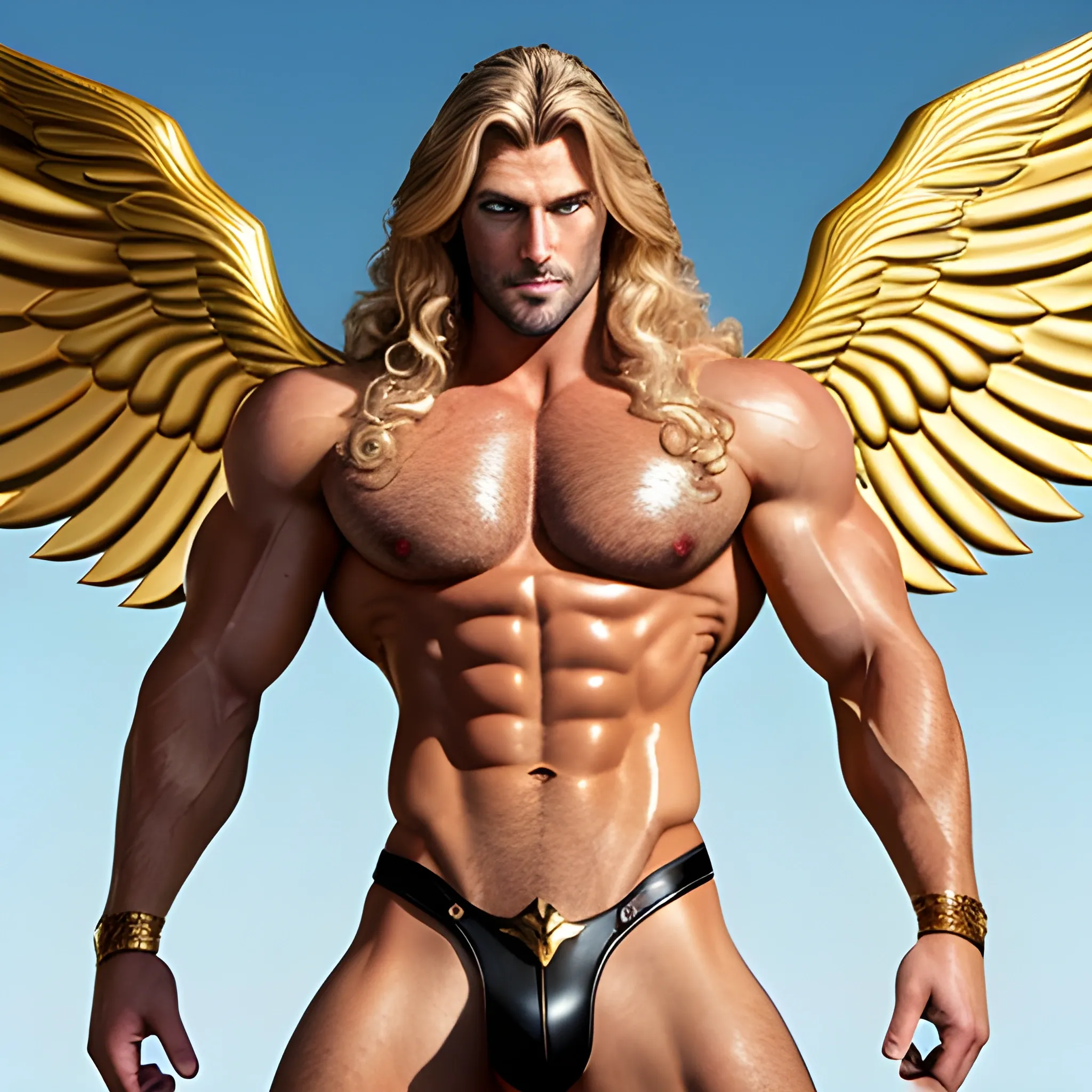 muscular blond Dude with expansive Wings,handsome,beauty,muscle,standing firmly,german, tanned skin,long curly hair,,colorfull small leather tanga with gold details,same facial halves, bulge ,happy,whole body with legs,big bulge,dark piercing eyes,huge bulge,hairy,fine details, young,two identical symmetrical eyes,same colofull eyes, stubble ,blond,very long hair cascading over a hairy Chest,reminiscent of an Angel, 