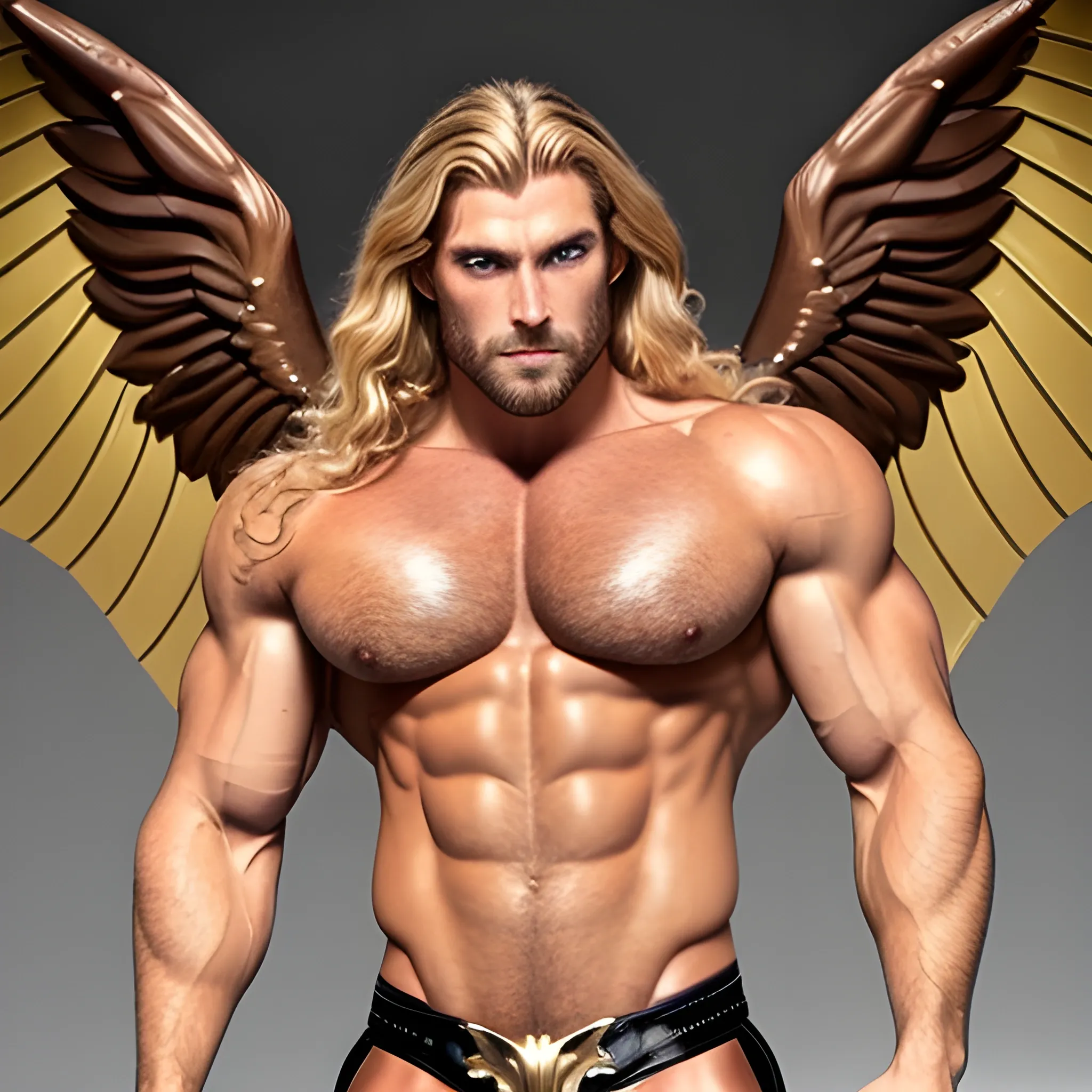 muscular blond Dude with expansive Wings,handsome,beauty,muscle,standing firmly,german, tanned skin,long curly hair,,colorfull small leather tanga with gold details,same facial halves, bulge ,happy,whole body with legs,big bulge,dark piercing eyes,huge bulge,hairy,fine details, young,two identical symmetrical eyes,same colofull eyes, stubble ,blond,very long hair cascading over a hairy Chest,reminiscent of an Angel, 