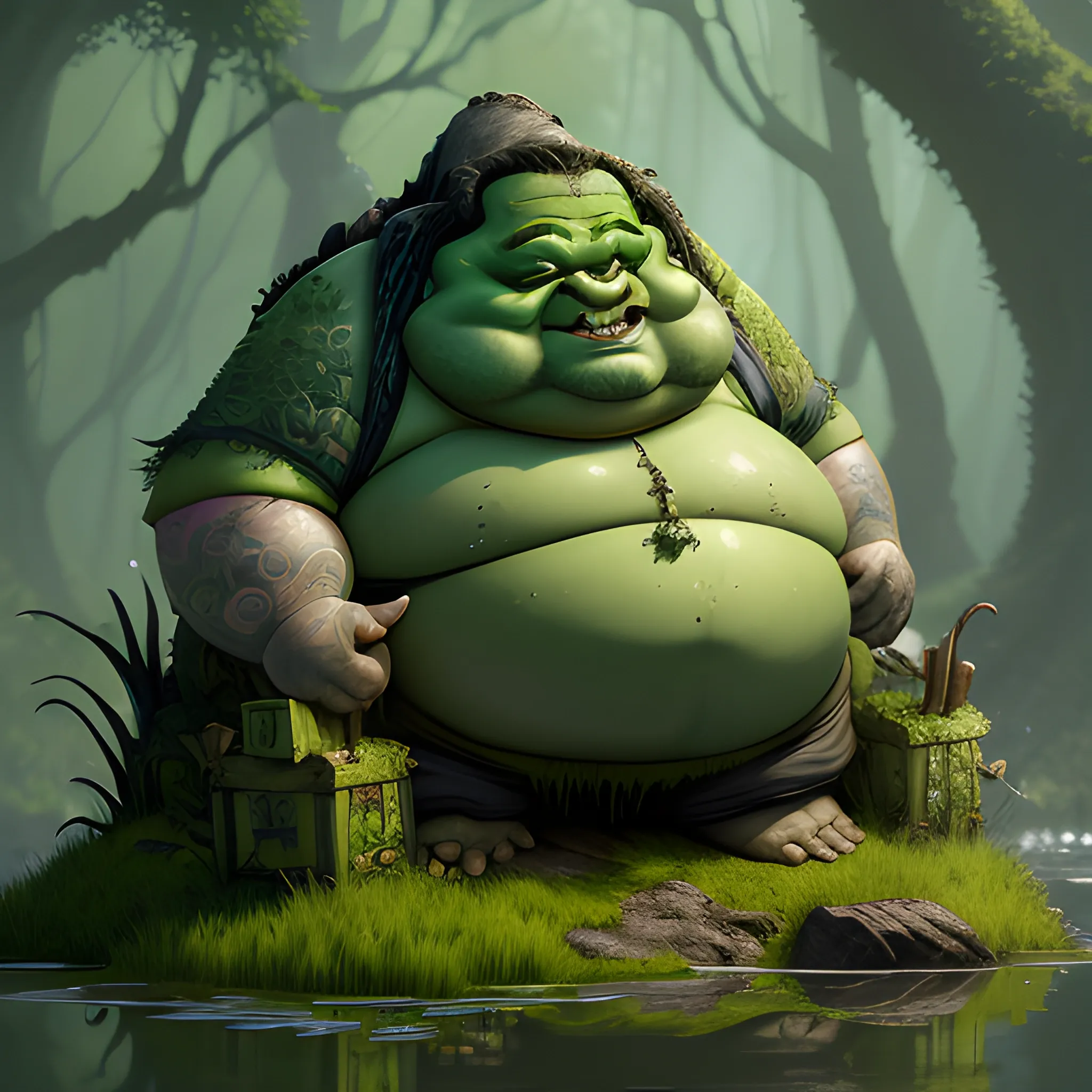 green, fat troll, very fat troll, troll with cube, swamps, 8k, high resolution, high quality, detailed, detailed matte painting, deep color, fantastical, intricate detail, splash screen, complementary colors, fantasy concept art, 8k resolution trending on Artstation Unreal Engine