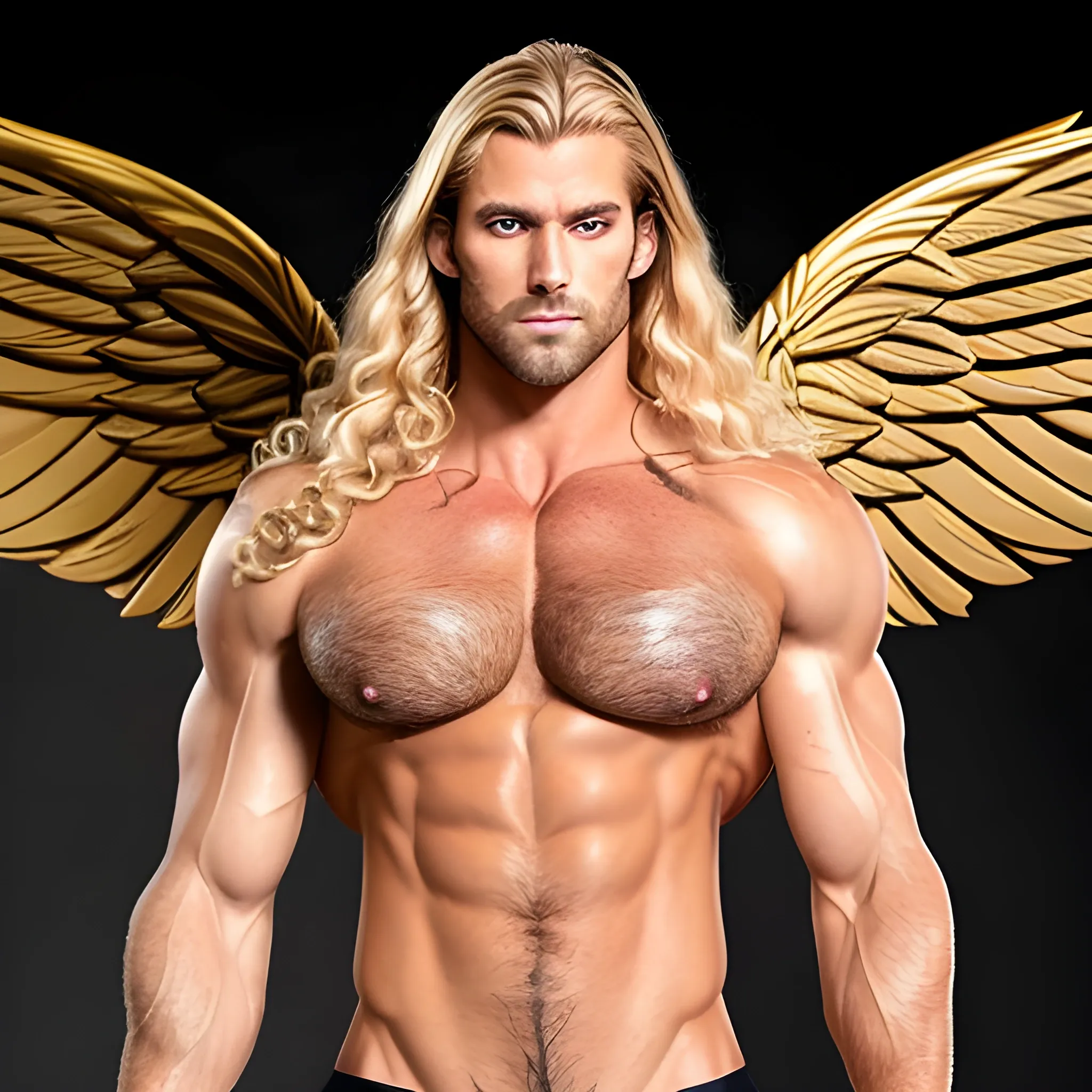 muscular blond Dude with expansive Wings,handsome,beauty,muscle,standing firmly,german, tanned skin,long curly hair,,colorfull small leather tanga with gold details,same facial halves, bulge ,happy,whole body with legs,big bulge,dark piercing eyes,huge bulge,hairy,fine details, young,two identical symmetrical eyes,same colofull eyes, stubble ,blond,very long hair cascading over a hairy Chest,reminiscent of an Angel, 