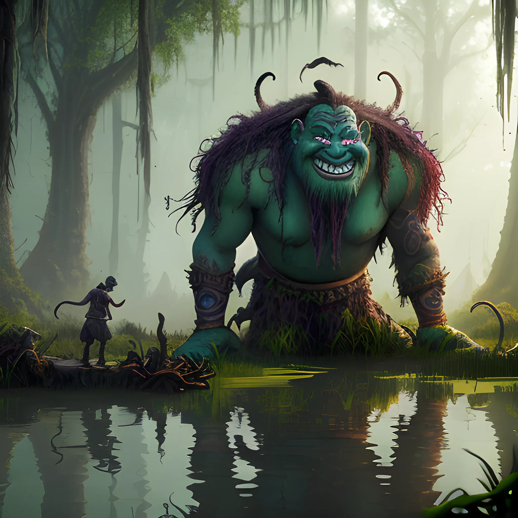 troll with club in hand, swamps, 8k, high resolution, high quality, detailed, detailed matte painting, deep color, fantastical, intricate detail, splash screen, complementary colors, fantasy concept art, 8k resolution trending on Artstation Unreal Engine