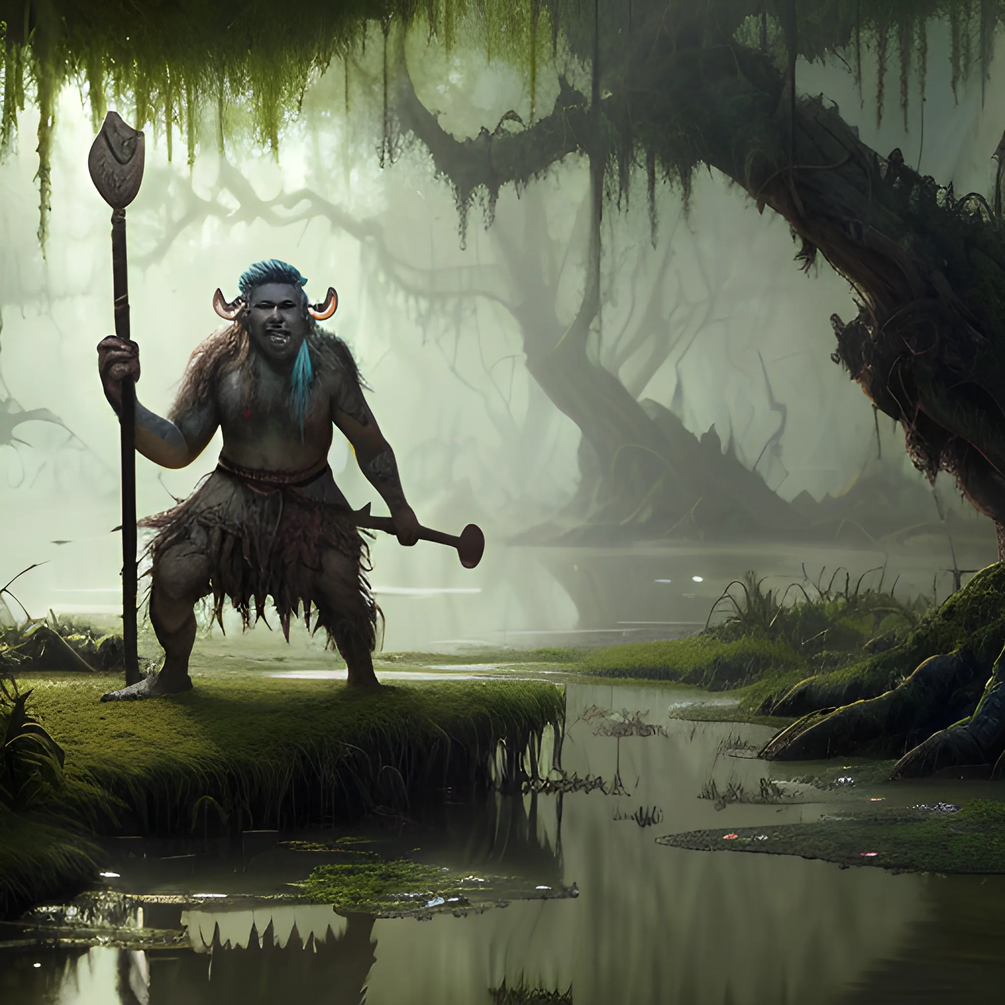 troll with club in hand, swamps, 8k, high resolution, high quality, detailed, detailed matte painting, deep color, fantastical, intricate detail, splash screen, complementary colors, fantasy concept art, 8k resolution trending on Artstation Unreal Engine