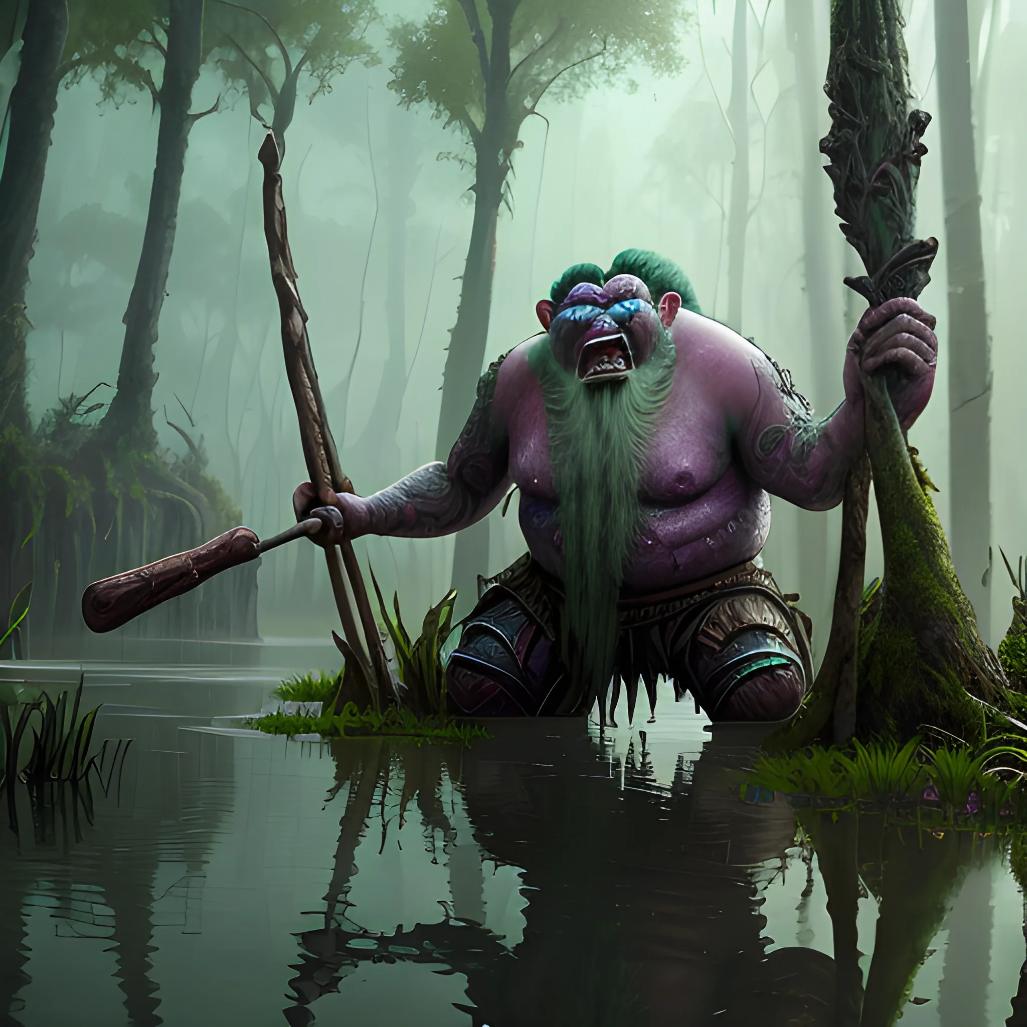 huge troll with club in hand, swamps, 8k, high resolution, high quality, detailed, detailed matte painting, deep color, fantastical, intricate detail, splash screen, complementary colors, fantasy concept art, 8k resolution trending on Artstation Unreal Engine