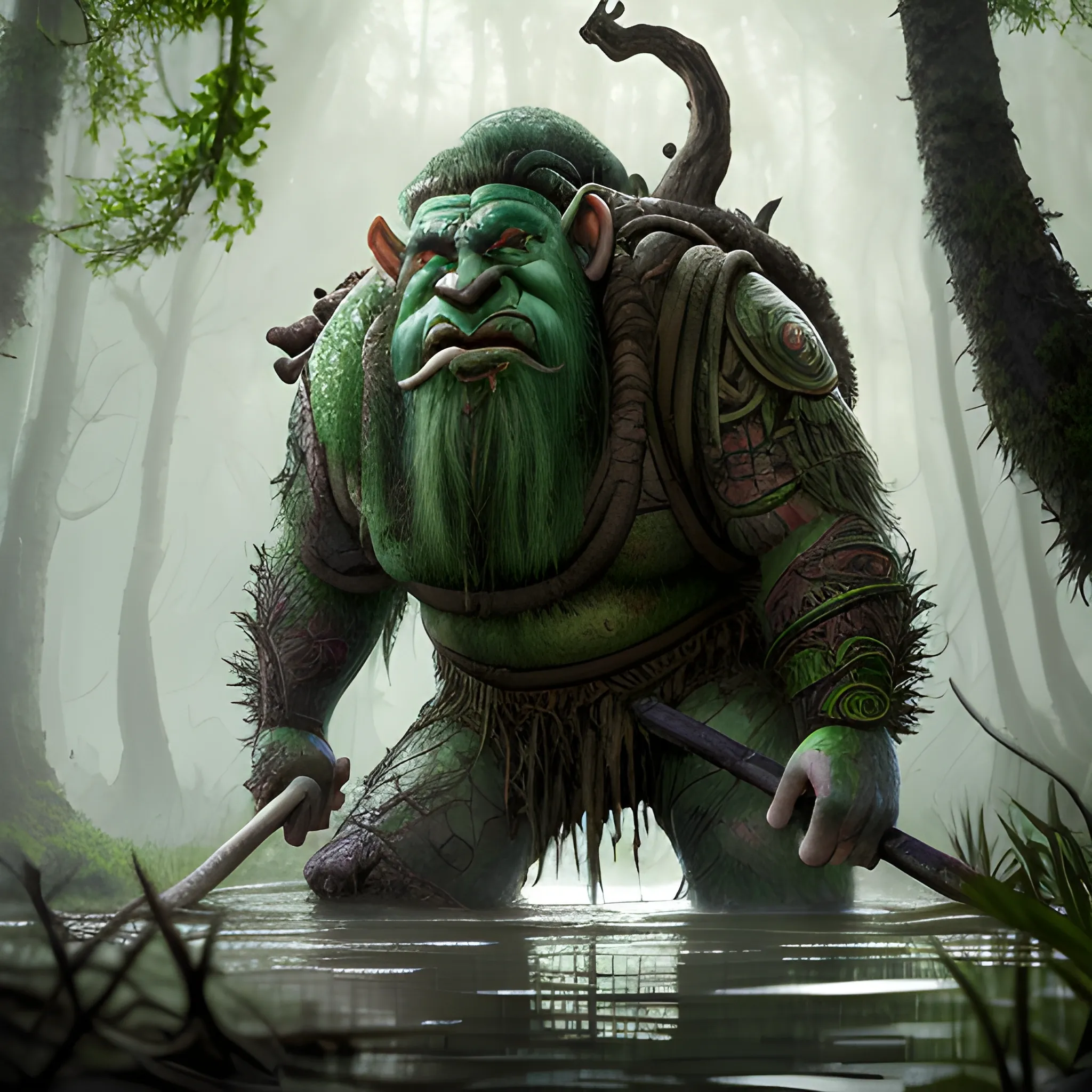 huge troll with club in hand, swamps, superrealistic, hyperrealistic, 8k, high resolution, high quality, detailed, detailed matte painting, deep color, fantastical, intricate detail, splash screen, complementary colors, fantasy concept art, 8k resolution trending on Artstation Unreal Engine