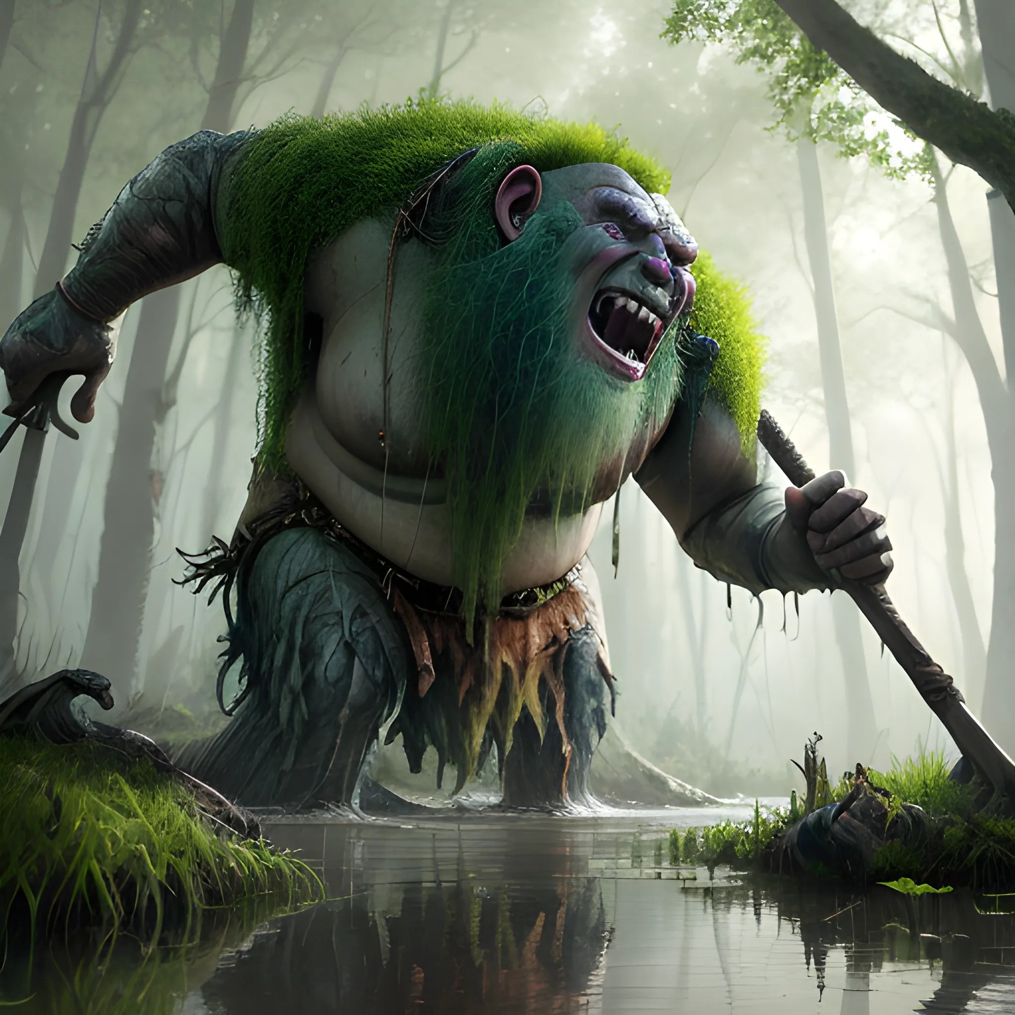 huge troll with club in hand, swamps, superrealistic, hyperrealistic, 8k, high resolution, high quality, detailed, detailed matte painting, deep color, fantastical, intricate detail, splash screen, complementary colors, fantasy concept art, 8k resolution trending on Artstation Unreal Engine