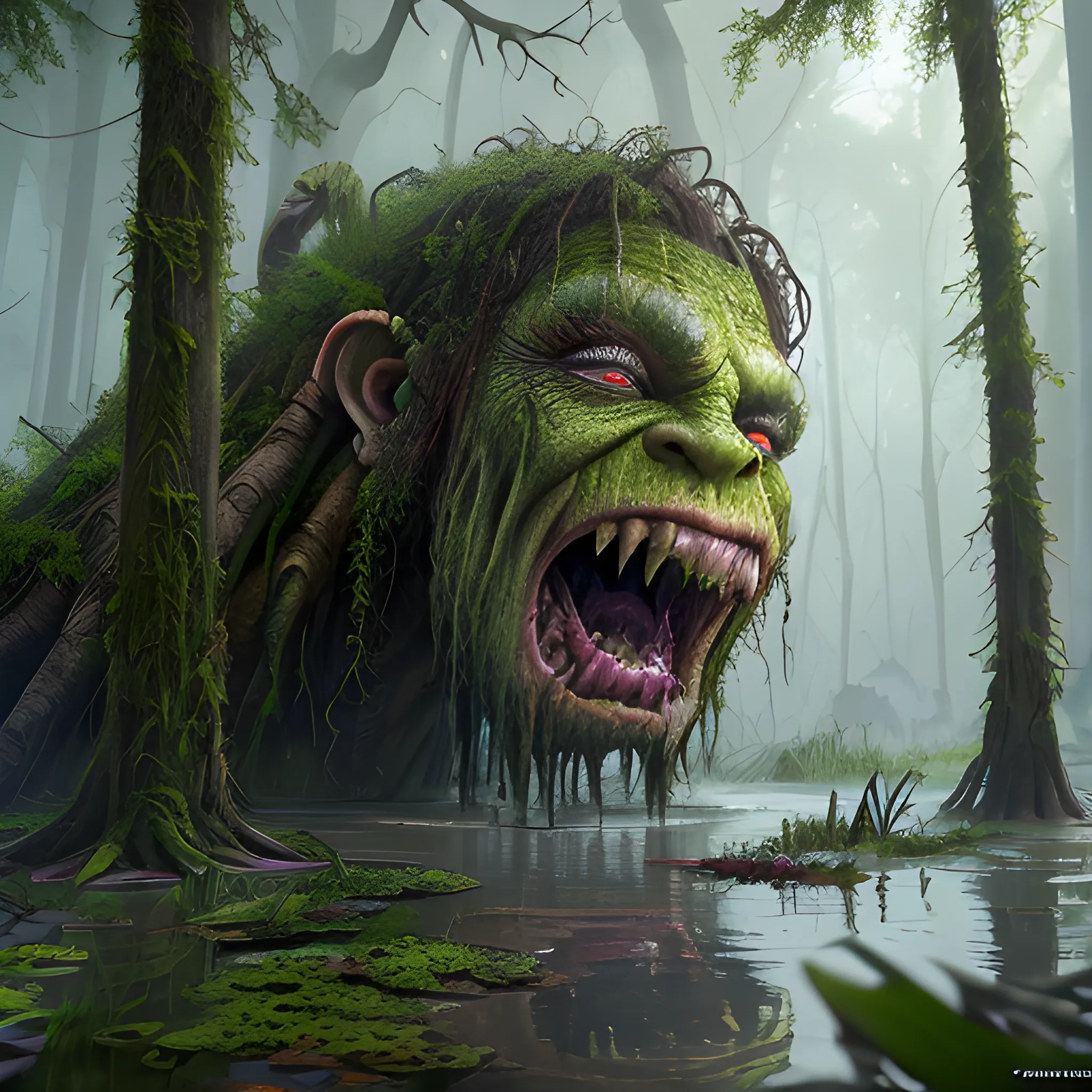 huge troll, swamps, superrealistic, hyperrealistic, 8k, high resolution, high quality, detailed, detailed matte painting, deep color, fantastical, intricate detail, splash screen, complementary colors, fantasy concept art, 8k resolution trending on Artstation Unreal Engine