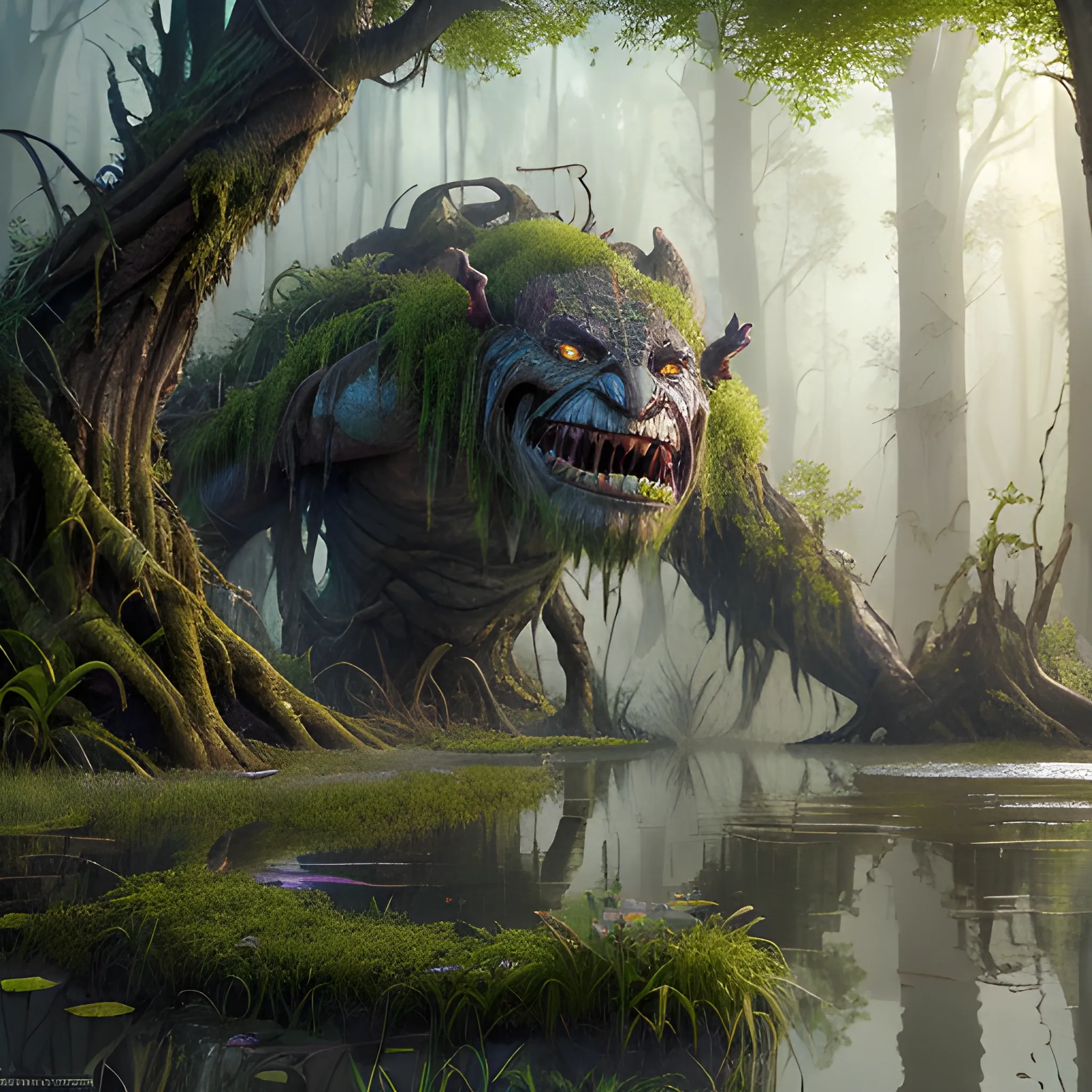 huge troll, swamps, superrealistic, hyperrealistic, 8k, high resolution, high quality, detailed, detailed matte painting, deep color, fantastical, intricate detail, splash screen, complementary colors, fantasy concept art, 8k resolution trending on Artstation Unreal Engine