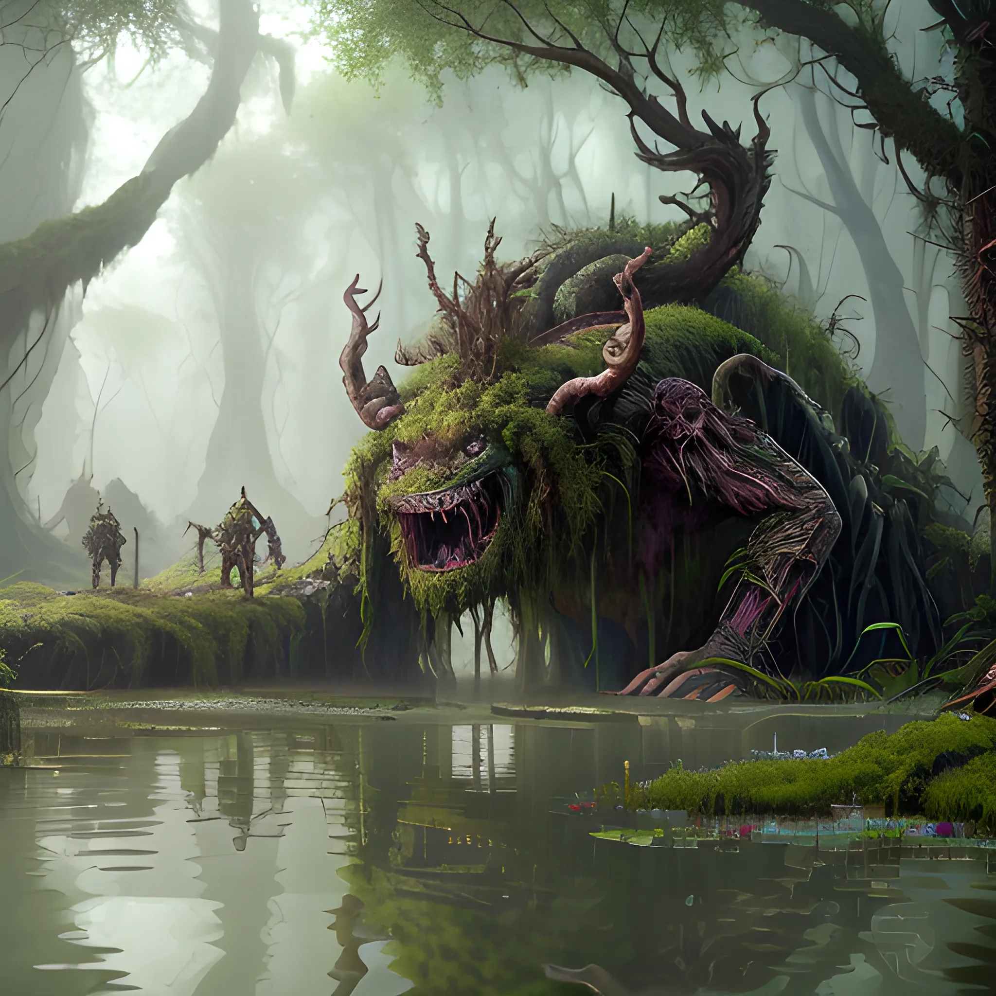 huge troll, swamps, superrealistic, hyperrealistic, 8k, high resolution, high quality, detailed, detailed matte painting, deep color, fantastical, intricate detail, splash screen, complementary colors, fantasy concept art, 8k resolution trending on Artstation Unreal Engine