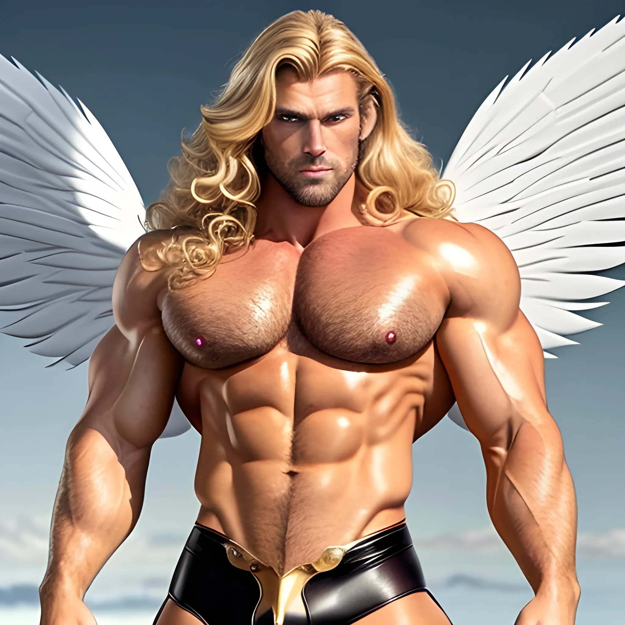 muscular blond Dude with expansive Wings,handsome,beauty,muscle,standing firmly,german, tanned skin,long curly hair,,colorfull small leather tanga with gold details,same facial halves, bulge ,happy,whole body with legs,big bulge,dark piercing eyes,huge bulge,hairy,fine details, young,two identical symmetrical eyes,same colofull eyes, stubble ,blond,very long hair cascading over a hairy Chest,reminiscent of an Angel, 