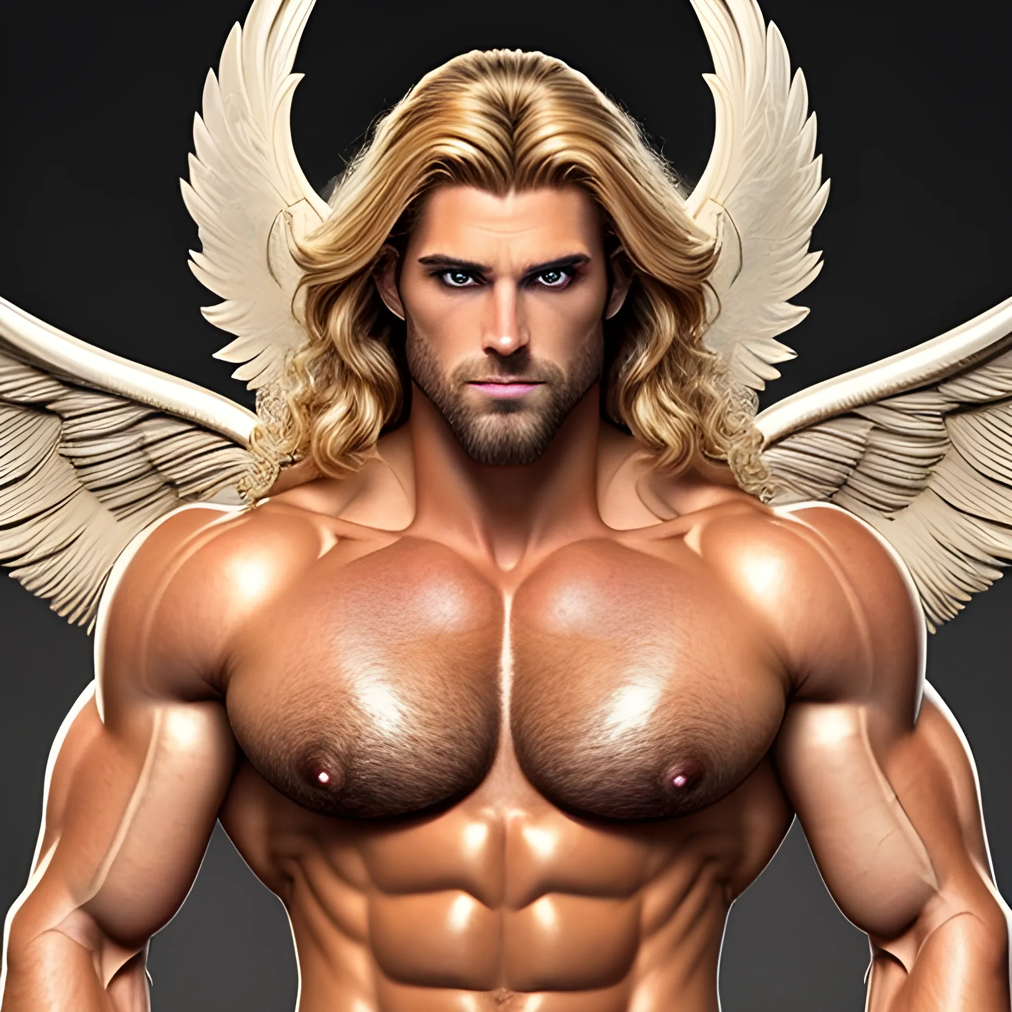 muscular blond Dude with expansive Wings,handsome,beauty,muscle,standing firmly,german, tanned skin,long curly hair,,colorfull small leather tanga with gold details,same facial halves, bulge ,happy,whole body with legs,big bulge,dark piercing eyes,huge bulge,hairy,fine details, young,two identical symmetrical eyes,same colofull eyes, stubble ,blond,very long hair cascading over a hairy Chest,reminiscent of an Angel, 