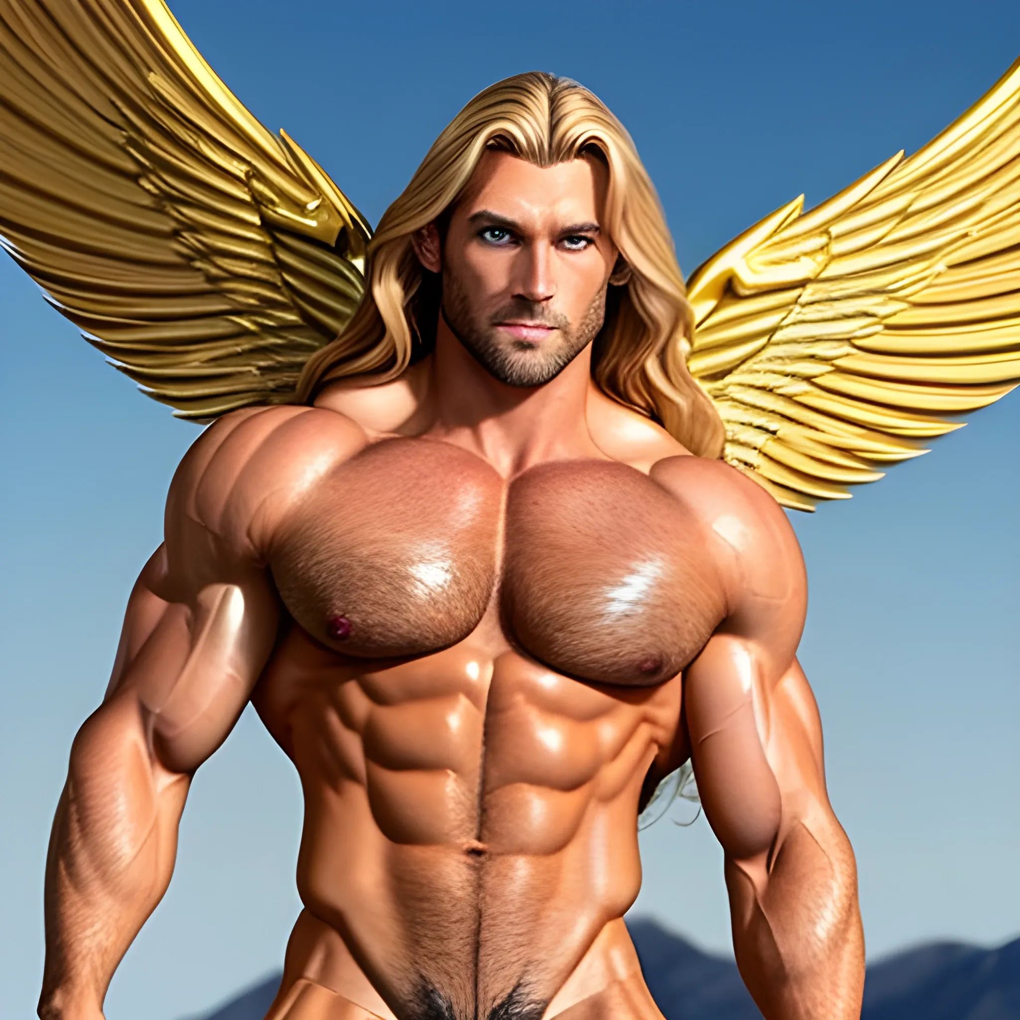 muscular blond Dude with expansive Wings,handsome,beauty,muscle,standing firmly,german, tanned skin,long curly hair,,colorfull small leather tanga with gold details,same facial halves, bulge ,happy,whole body with legs,big bulge,dark piercing eyes,huge bulge,hairy,fine details, young,two identical symmetrical eyes,same colofull eyes, stubble ,blond,very long hair cascading over a hairy Chest,reminiscent of an Angel, 