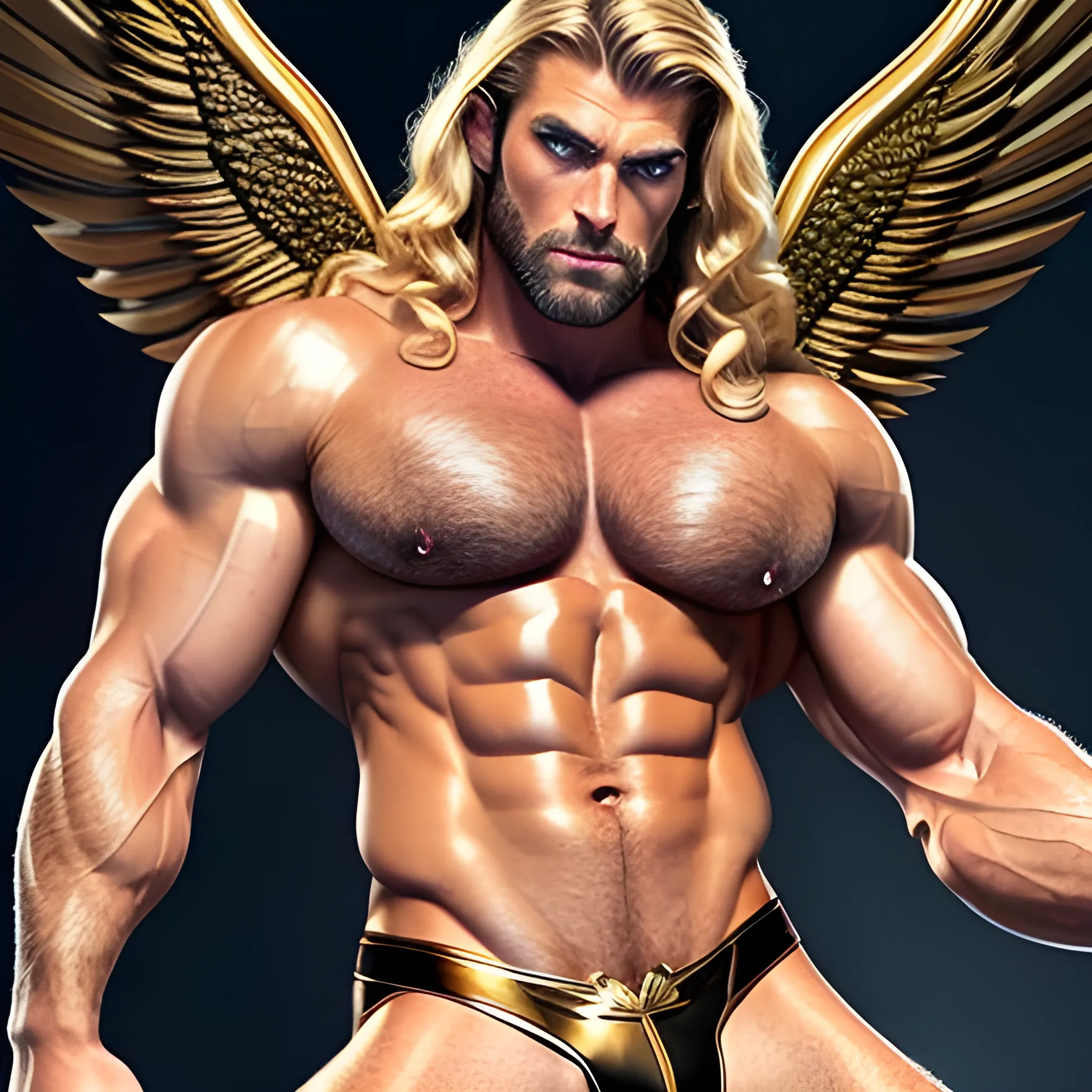 muscular blond Dude with expansive Wings,handsome,beauty,muscle,standing firmly,german, tanned skin,long curly hair,,colorfull small leather tanga with gold details,same facial halves, bulge ,happy,whole body with legs,big bulge,dark piercing eyes,huge bulge,hairy,fine details, young,two identical symmetrical eyes,same colofull eyes, stubble ,blond,very long hair cascading over a hairy Chest,reminiscent of an Angel, 