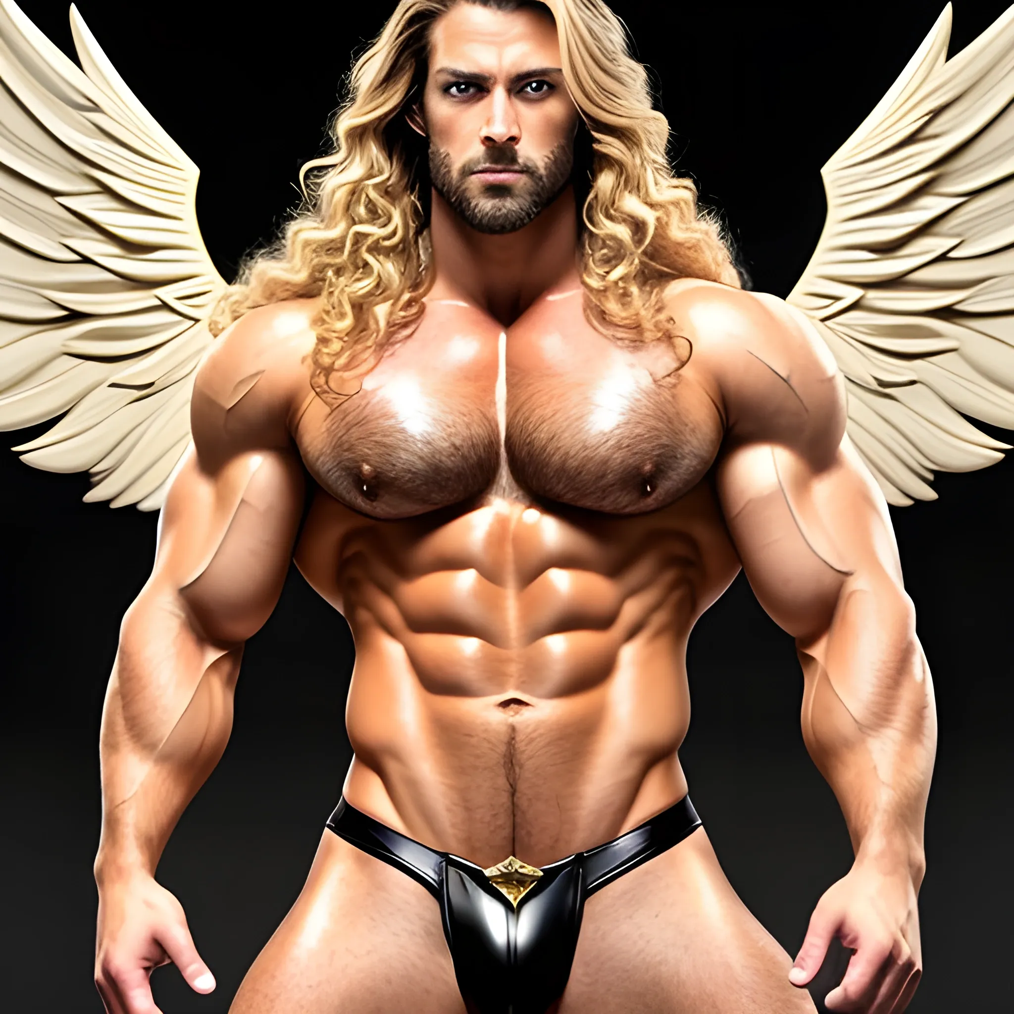 muscular blond Dude with expansive Wings,handsome,beauty,muscle,standing firmly,german, tanned skin,long curly hair,,colorfull small leather tanga with gold details,same facial halves, bulge ,happy,whole body with legs,big bulge,dark piercing eyes,huge bulge,hairy,fine details, young,two identical symmetrical eyes,same colofull eyes, stubble ,blond,very long hair cascading over a hairy Chest,reminiscent of an Angel, 