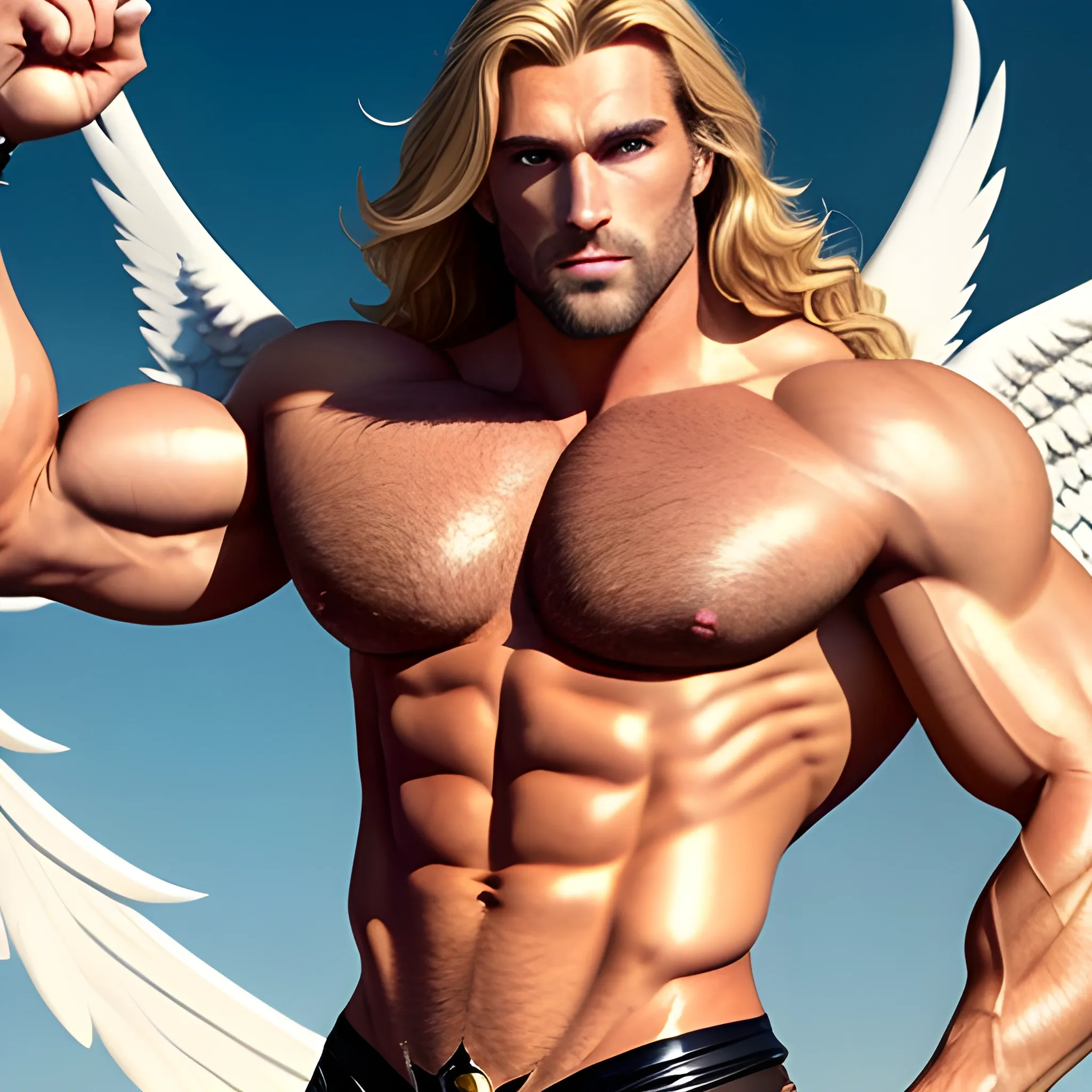 muscular blond Dude with expansive Wings,handsome,beauty,muscle,standing firmly,german, tanned skin,long curly hair,,colorfull small leather tanga with gold details,same facial halves, bulge ,happy,whole body with legs,big bulge,dark piercing eyes,huge bulge,hairy,fine details, young,two identical symmetrical eyes,same colofull eyes, stubble ,blond,very long hair cascading over a hairy Chest,reminiscent of an Angel, 