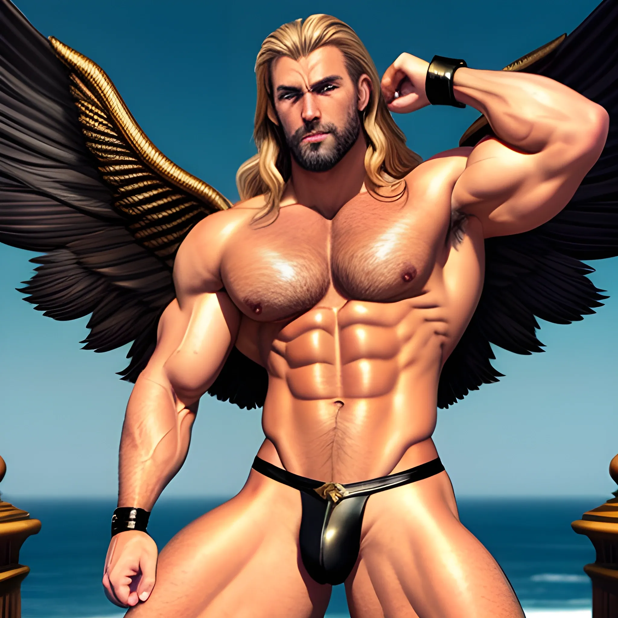 muscular blond Dude with expansive Wings,handsome,beauty,muscle,standing firmly,german, tanned skin,long curly hair,,colorfull small leather tanga with gold details,same facial halves, bulge ,happy,whole body with legs,big bulge,dark piercing eyes,huge bulge,hairy,fine details, young,two identical symmetrical eyes,same colofull eyes, stubble ,blond,very long hair cascading over a hairy Chest,reminiscent of an Angel, 