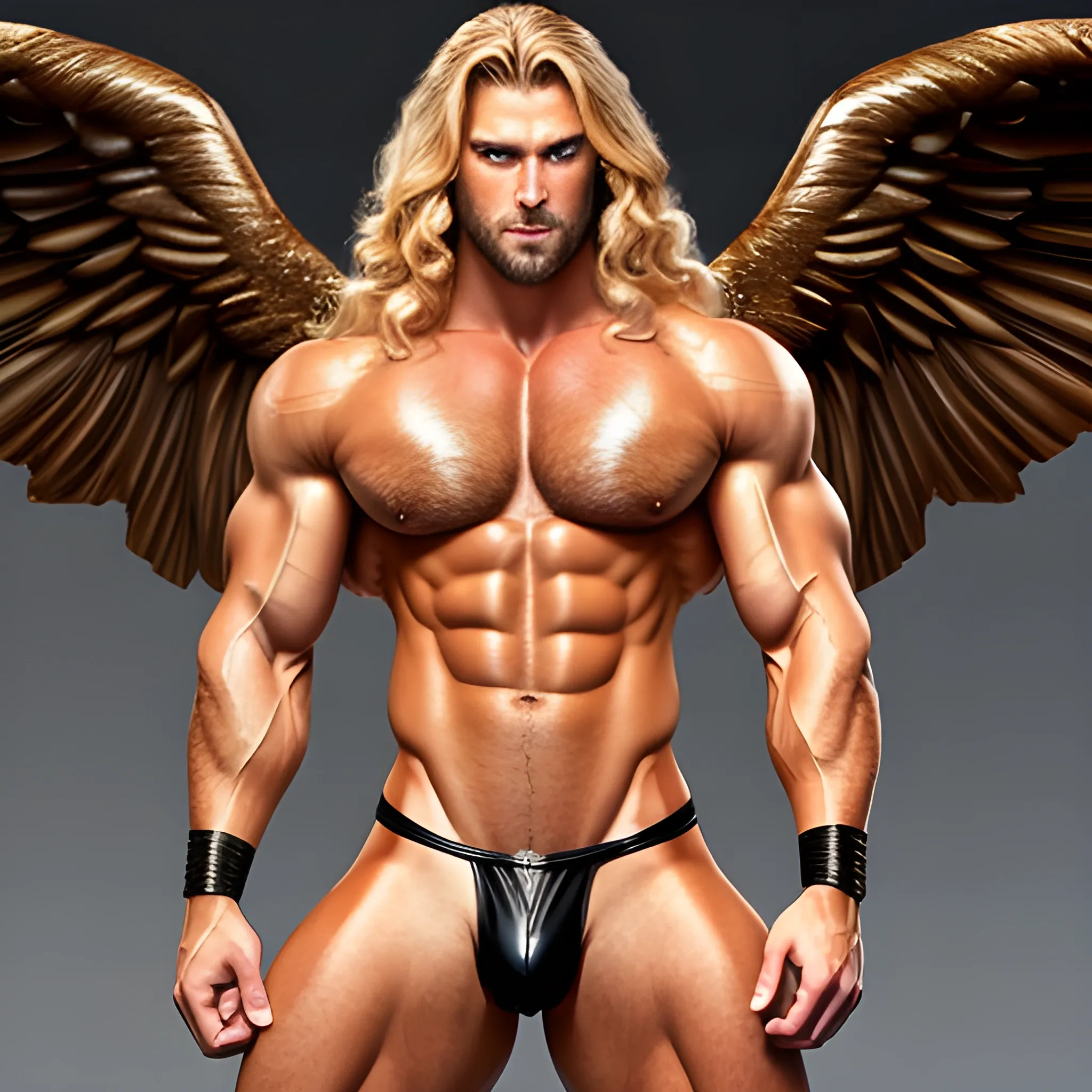 muscular blond Dude with expansive Wings,handsome,beauty,muscle,standing firmly,german, tanned skin,long curly hair,,colorfull small leather tanga with gold details,same facial halves, bulge ,happy,whole body with legs,big bulge,dark piercing eyes,huge bulge,hairy,fine details, young,two identical symmetrical eyes,same colofull eyes, stubble ,blond,very long hair cascading over a hairy Chest,reminiscent of an Angel, 