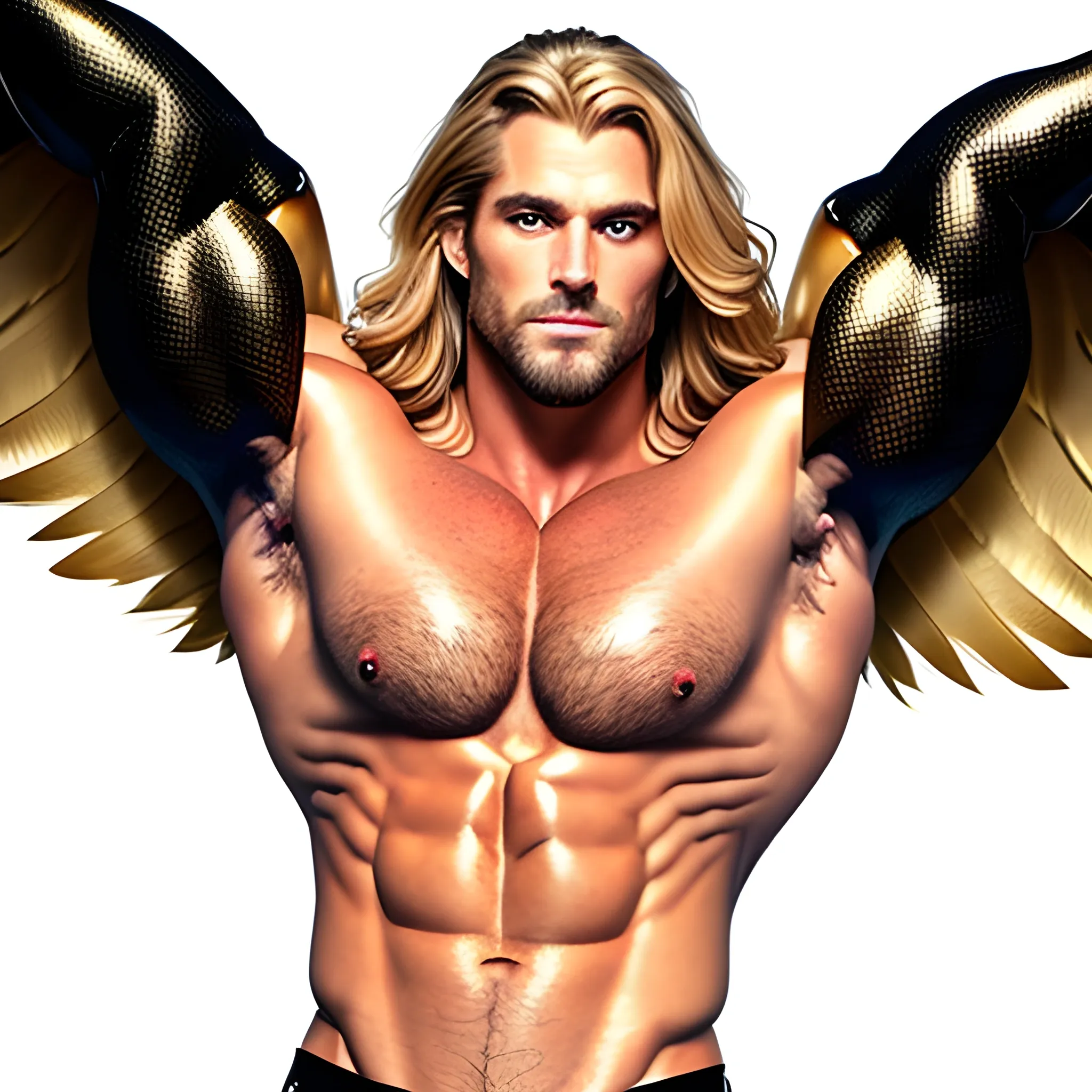 muscular blond Dude with expansive Wings,handsome,beauty,muscle,standing firmly,german, tanned skin,long curly hair,,colorfull small leather tanga with gold details,same facial halves, bulge ,happy,whole body with legs,big bulge,dark piercing eyes,huge bulge,hairy,fine details, young,two identical symmetrical eyes,same colofull eyes, stubble ,blond,very long hair cascading over a hairy Chest,reminiscent of an Angel, 