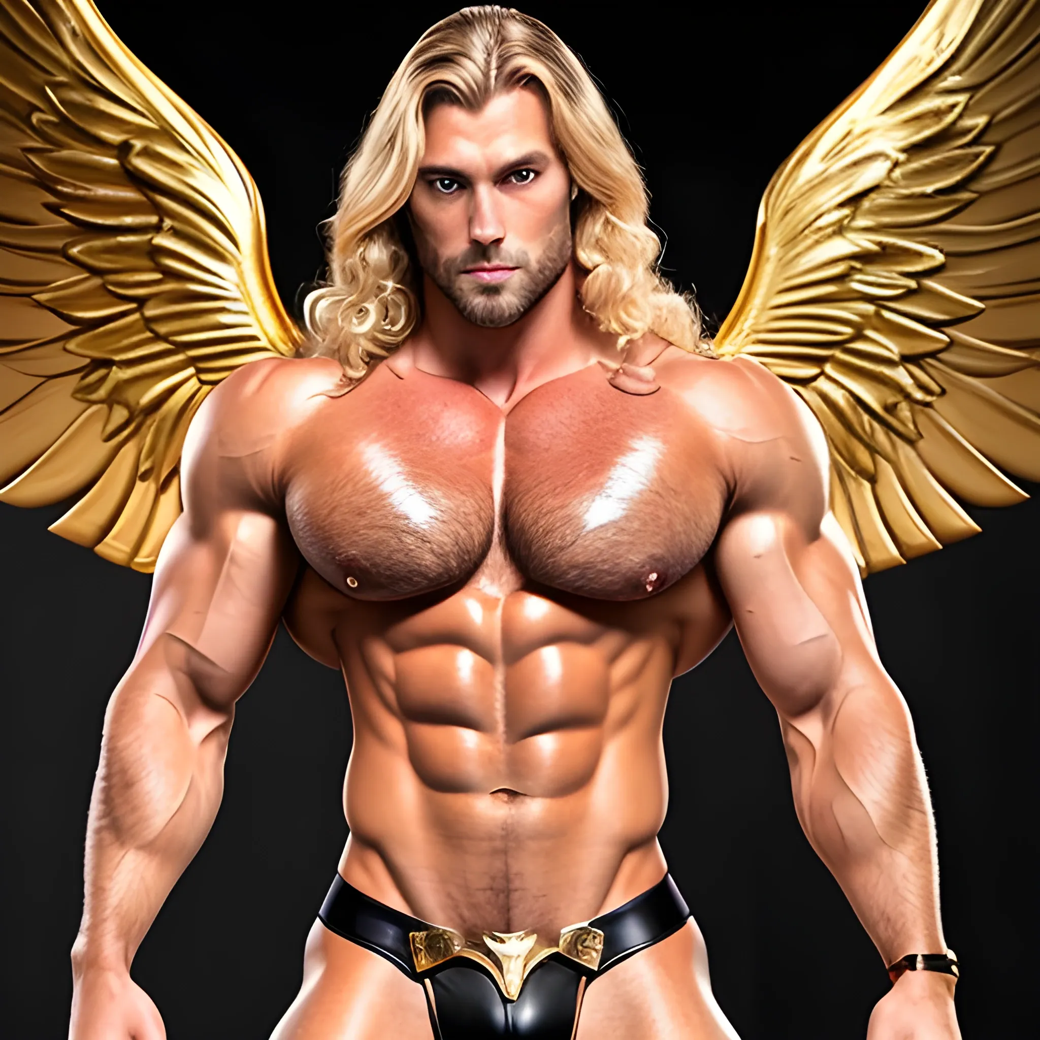 muscular blond Dude with expansive Wings,handsome,beauty,muscle,standing firmly,german, tanned skin,long curly hair,,colorfull small leather tanga with gold details,same facial halves, bulge ,happy,whole body with legs,big bulge,dark piercing eyes,huge bulge,hairy,fine details, young,two identical symmetrical eyes,same colofull eyes, stubble ,blond,very long hair cascading over a hairy Chest,reminiscent of an Angel, 