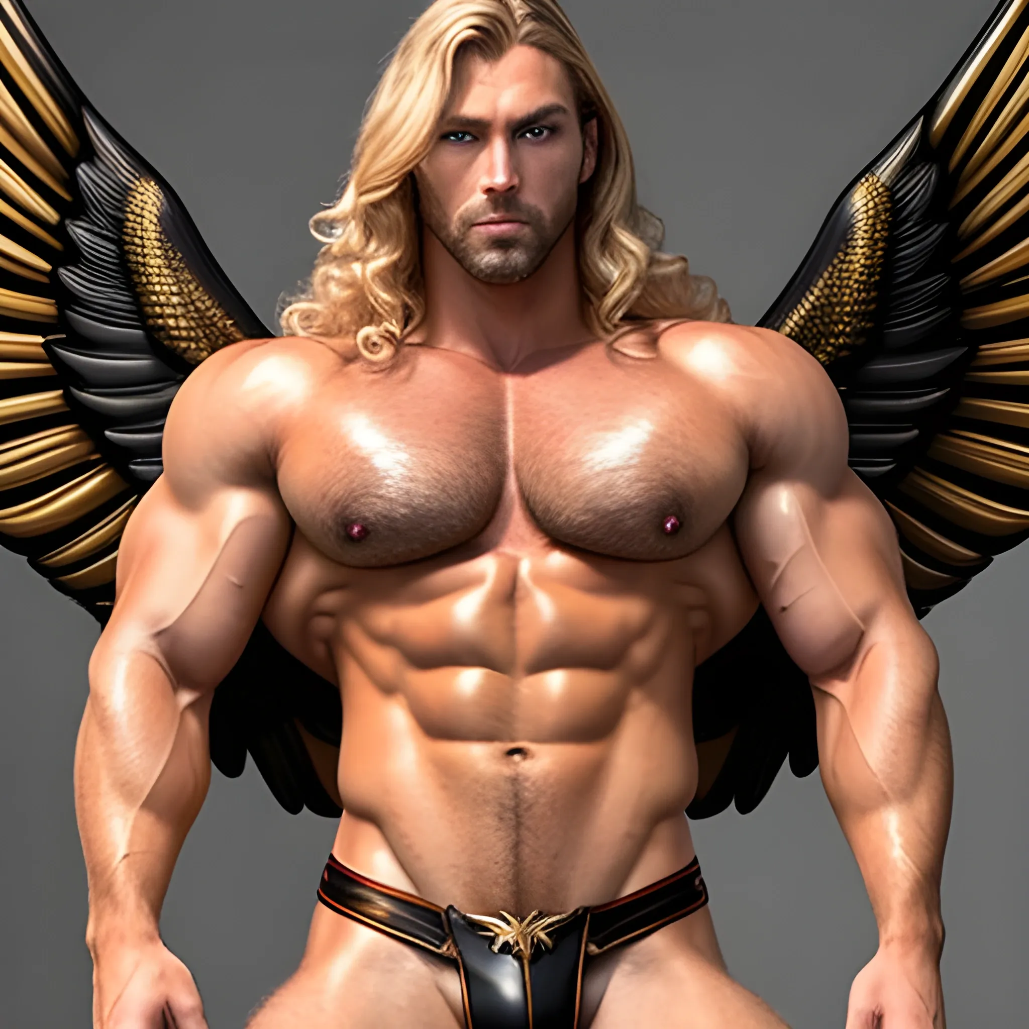 muscular blond Dude with expansive Wings,handsome,beauty,muscle,standing firmly,german, tanned skin,long curly hair,,colorfull small leather tanga with gold details,same facial halves, bulge ,happy,whole body with legs,big bulge,dark piercing eyes,huge bulge,hairy,fine details, young,two identical symmetrical eyes,same colofull eyes, stubble ,blond,very long hair cascading over a hairy Chest,reminiscent of an Angel, 