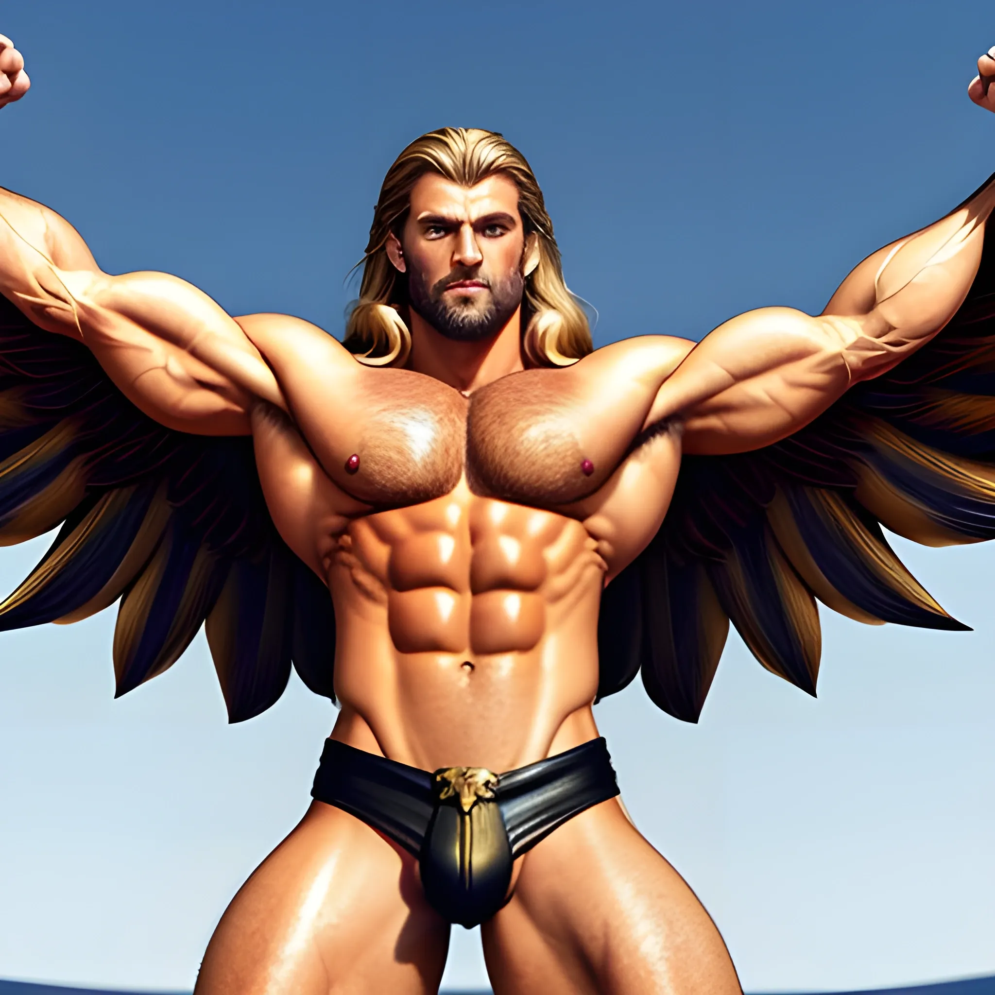 muscular blond Dude with expansive Wings,handsome,beauty,muscle,standing firmly,german, tanned skin,long curly hair,,colorfull small leather tanga with gold details,same facial halves, bulge ,happy,whole body with legs,big bulge,dark piercing eyes,huge bulge,hairy,fine details, young,two identical symmetrical eyes,same colofull eyes, stubble ,blond,very long hair cascading over a hairy Chest,reminiscent of an Angel, 