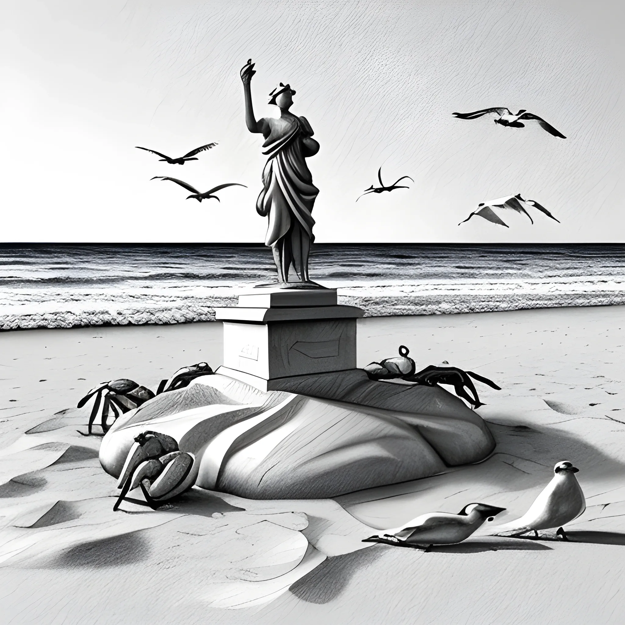 crabs, seagulls and statue in the sand, Pencil Sketch