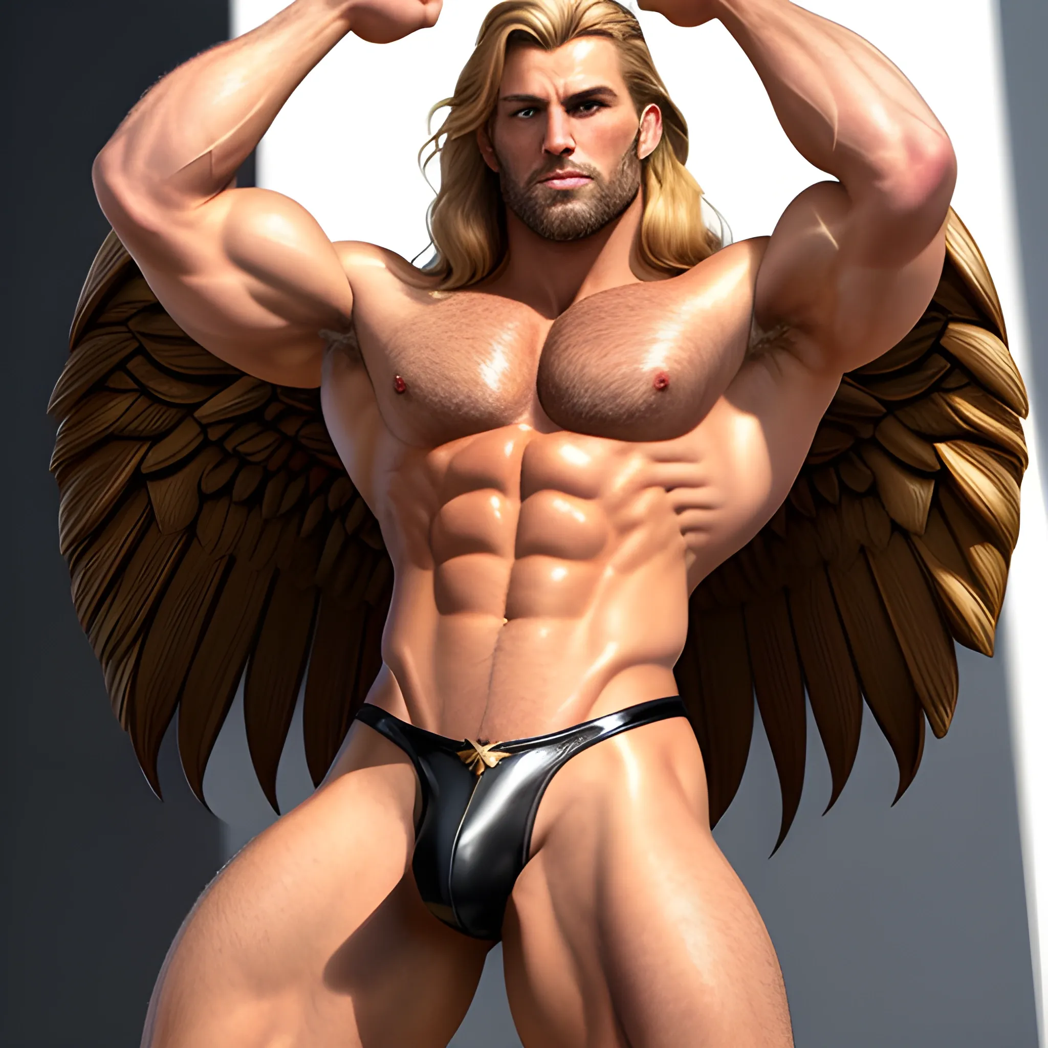 muscular blond Dude with expansive Wings,handsome,beauty,muscle,standing firmly,german, tanned skin,long curly hair,,colorfull small leather tanga with gold details,same facial halves, bulge ,happy,whole body with legs,big bulge,dark piercing eyes,huge bulge,hairy,fine details, young,two identical symmetrical eyes,same colofull eyes, stubble ,blond,very long hair cascading over a hairy Chest,reminiscent of an Angel, hyperrealistic,