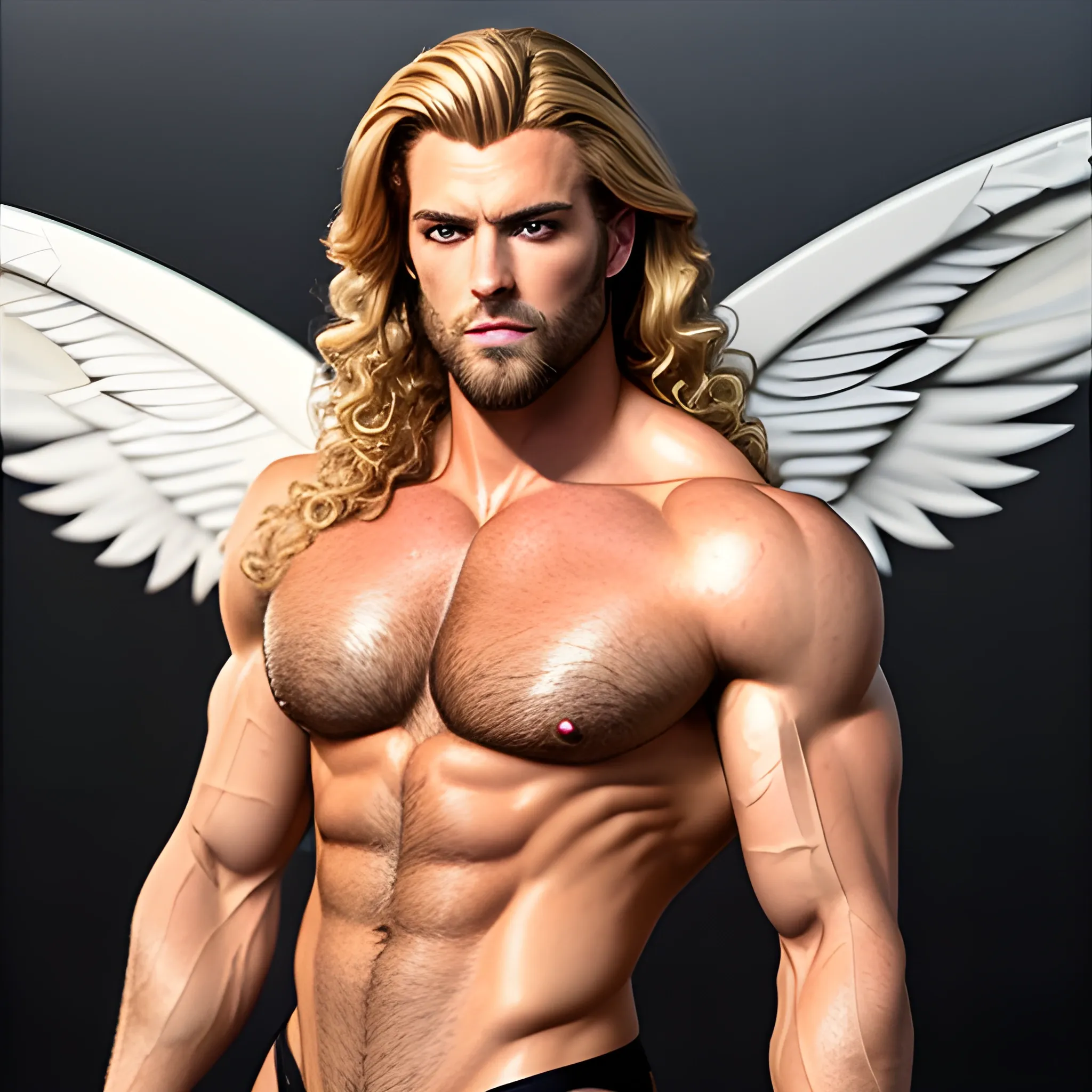 muscular blond Dude with expansive Wings,handsome,beauty,muscle,standing firmly,german, tanned skin,long curly hair,,colorfull small leather tanga with gold details,same facial halves, bulge ,happy,whole body with legs,big bulge,dark piercing eyes,huge bulge,hairy,fine details, young,two identical symmetrical eyes,same colofull eyes, stubble ,blond,very long hair cascading over a hairy Chest,reminiscent of an Angel, hyperrealistic,