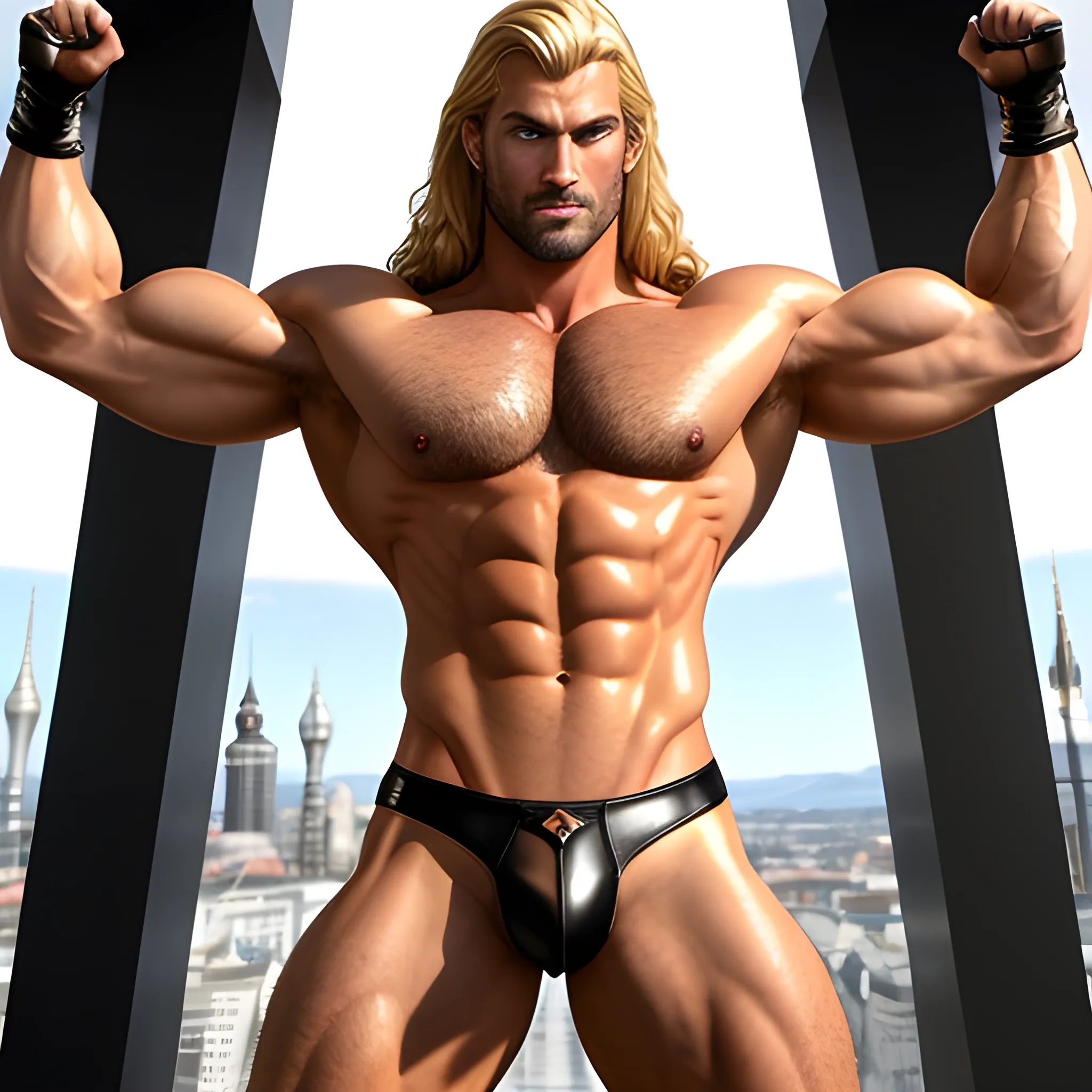 muscular blond Dude with expansive Wings,handsome,beauty,muscle,standing firmly,german, tanned skin,long curly hair,,colorfull small leather tanga with gold details,same facial halves, bulge ,happy,whole body with legs,big bulge,dark piercing eyes,huge bulge,hairy,fine details, young,two identical symmetrical eyes,same colofull eyes, stubble ,blond,very long hair cascading over a hairy Chest,reminiscent of an Angel, hyperrealistic,