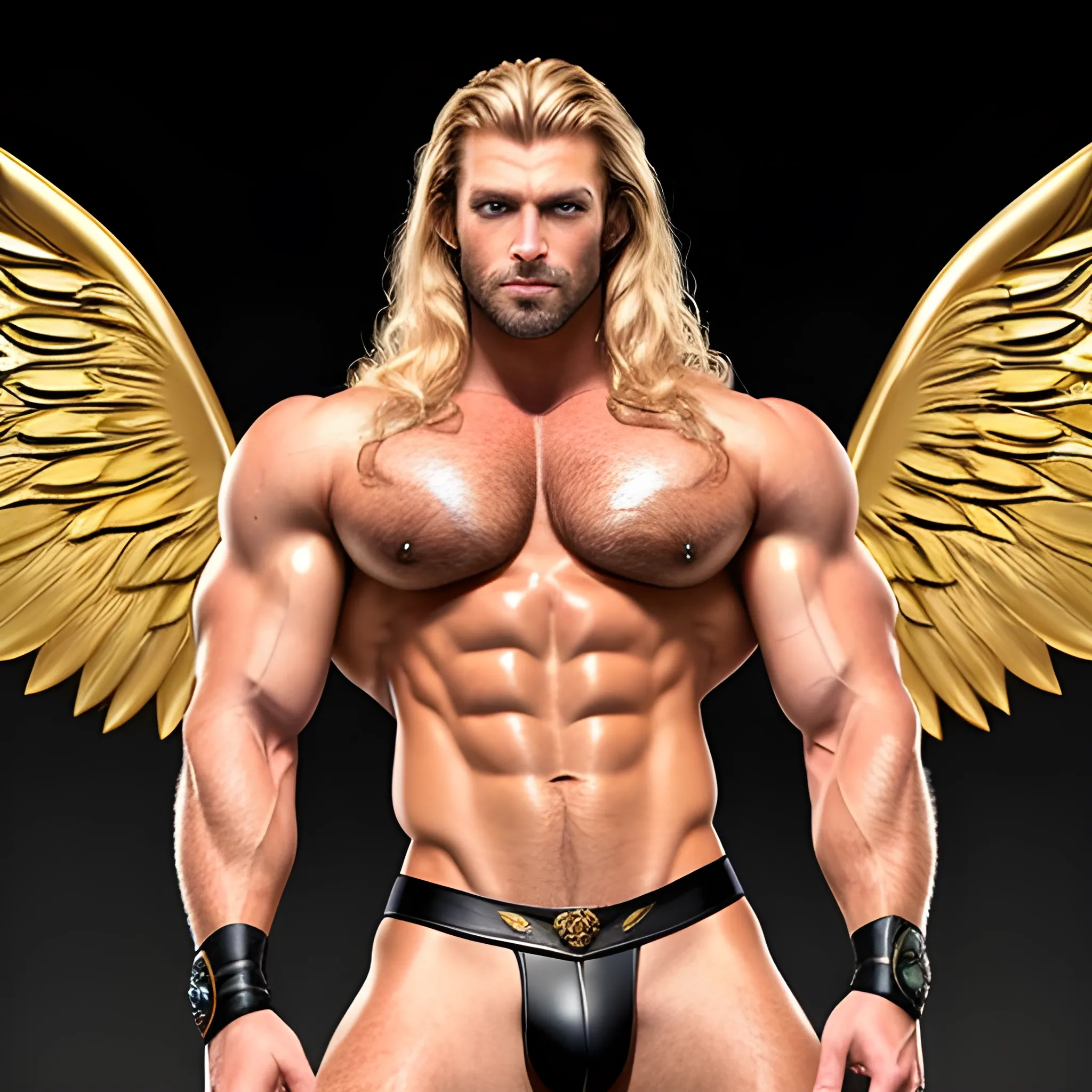 muscular blond Dude with expansive Wings,handsome,beauty,muscle,standing firmly,german, tanned skin,long curly hair,,colorfull small leather tanga with gold details,same facial halves, bulge ,happy,whole body with legs,big bulge,dark piercing eyes,huge bulge,hairy,fine details, young,two identical symmetrical eyes,same colofull eyes, stubble ,blond,very long hair cascading over a hairy Chest,reminiscent of an Angel, hyperrealistic,