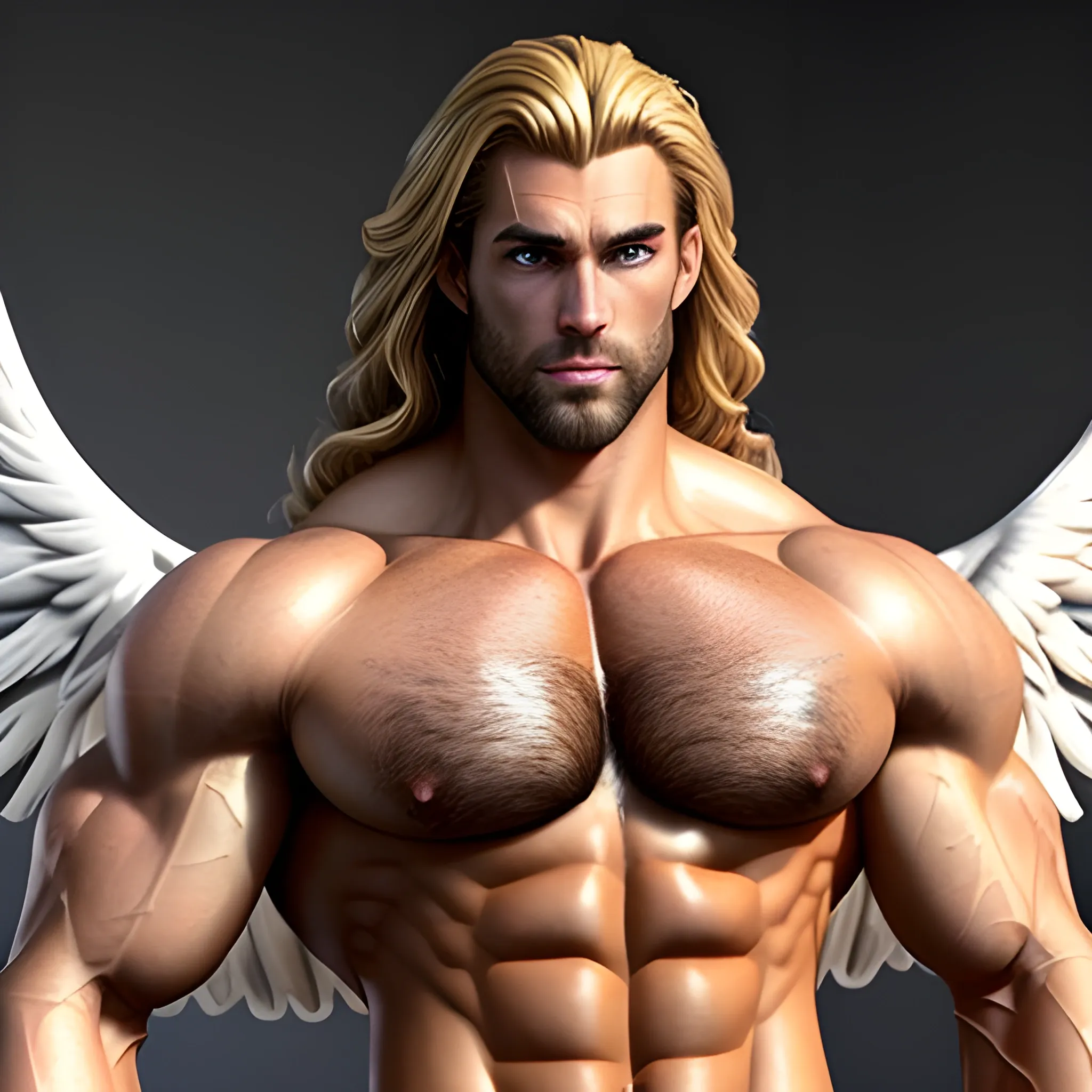 muscular blond Dude with expansive Wings,high hyperdetails,handsome,beauty,muscle,standing firmly,german, tanned skin,long curly hair,,colorfull small leather tanga with gold details,same facial halves, bulge ,happy,whole body with legs,big bulge,dark piercing eyes,huge bulge,hairy,fine details, young,two identical symmetrical eyes,same colofull eyes, stubble ,blond,very long hair cascading over a hairy Chest,reminiscent of an Angel, hyperrealistic,