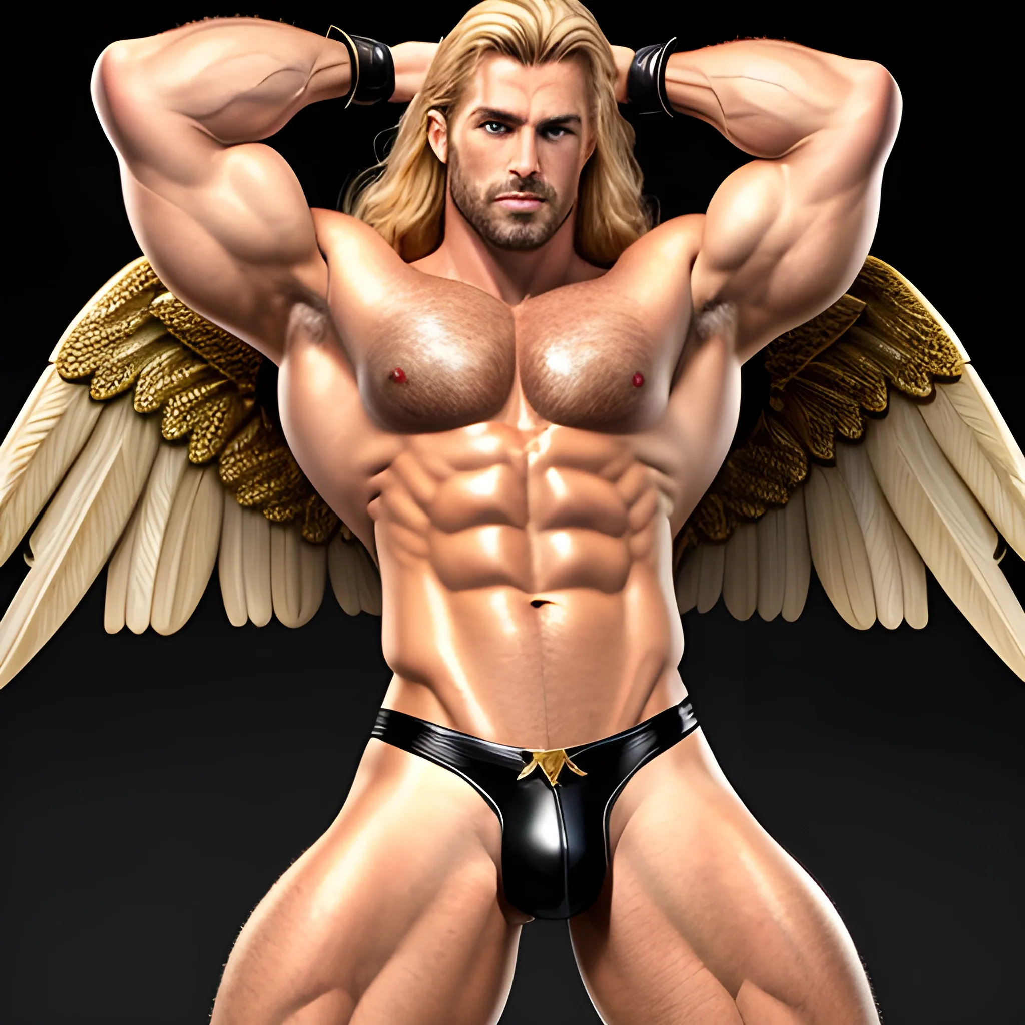 muscular blond Dude with expansive Wings,Studio lightning,high hyperdetails,handsome,beauty,muscle,standing firmly,german, tanned skin,long curly hair,,colorfull small leather tanga with gold details,same facial halves, bulge ,happy,whole body with legs,big bulge,dark piercing eyes,huge bulge,hairy,fine details, young,two identical symmetrical eyes,same colofull eyes, stubble ,blond,very long hair cascading over a hairy Chest,reminiscent of an Angel, hyperrealistic,