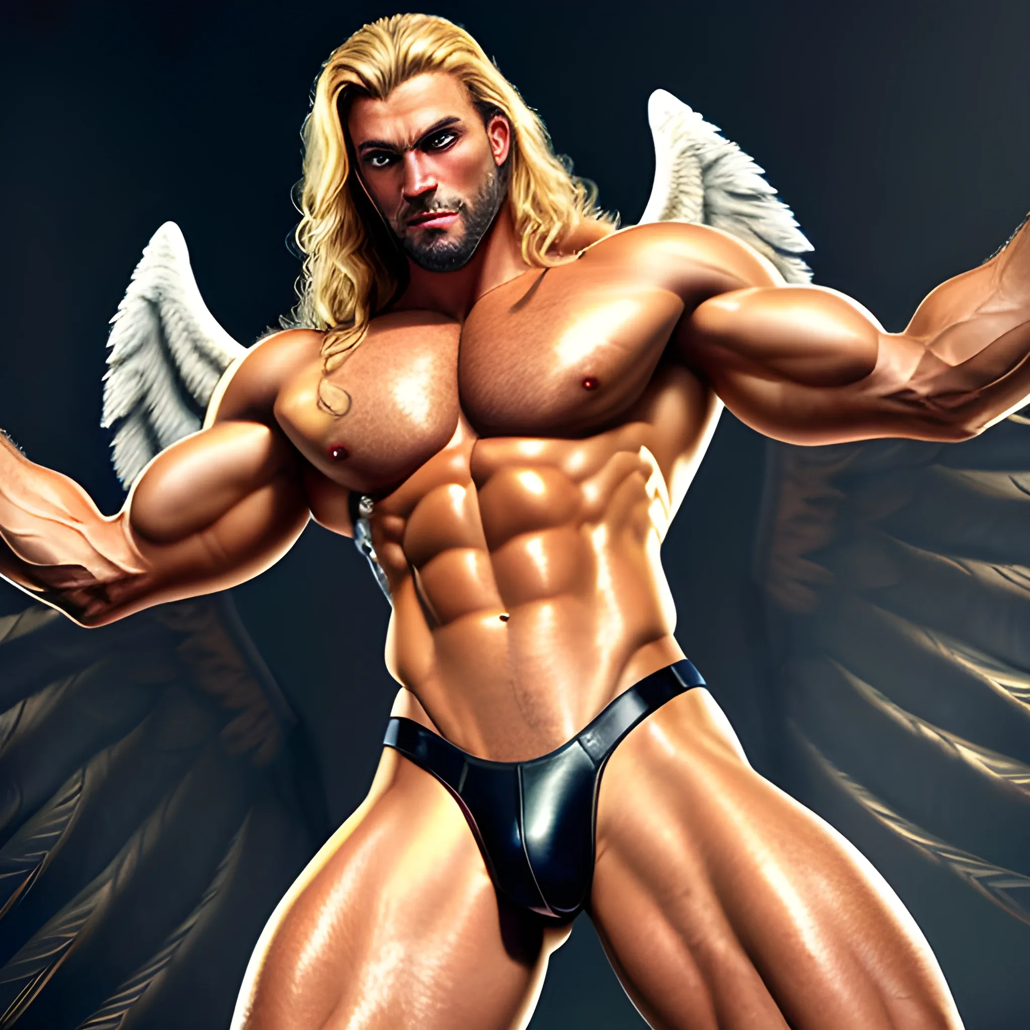 muscular blond Dude with expansive Wings,Studio lightning,high hyperdetails,handsome,beauty,muscle,standing firmly,german, tanned skin,long curly hair,,colorfull small leather tanga with gold details,same facial halves, bulge ,happy,whole body with legs,big bulge,dark piercing eyes,huge bulge,hairy,fine details, young,two identical symmetrical eyes,same colofull eyes, stubble ,blond,very long hair cascading over a hairy Chest,reminiscent of an Angel, hyperrealistic,, Oil Painting