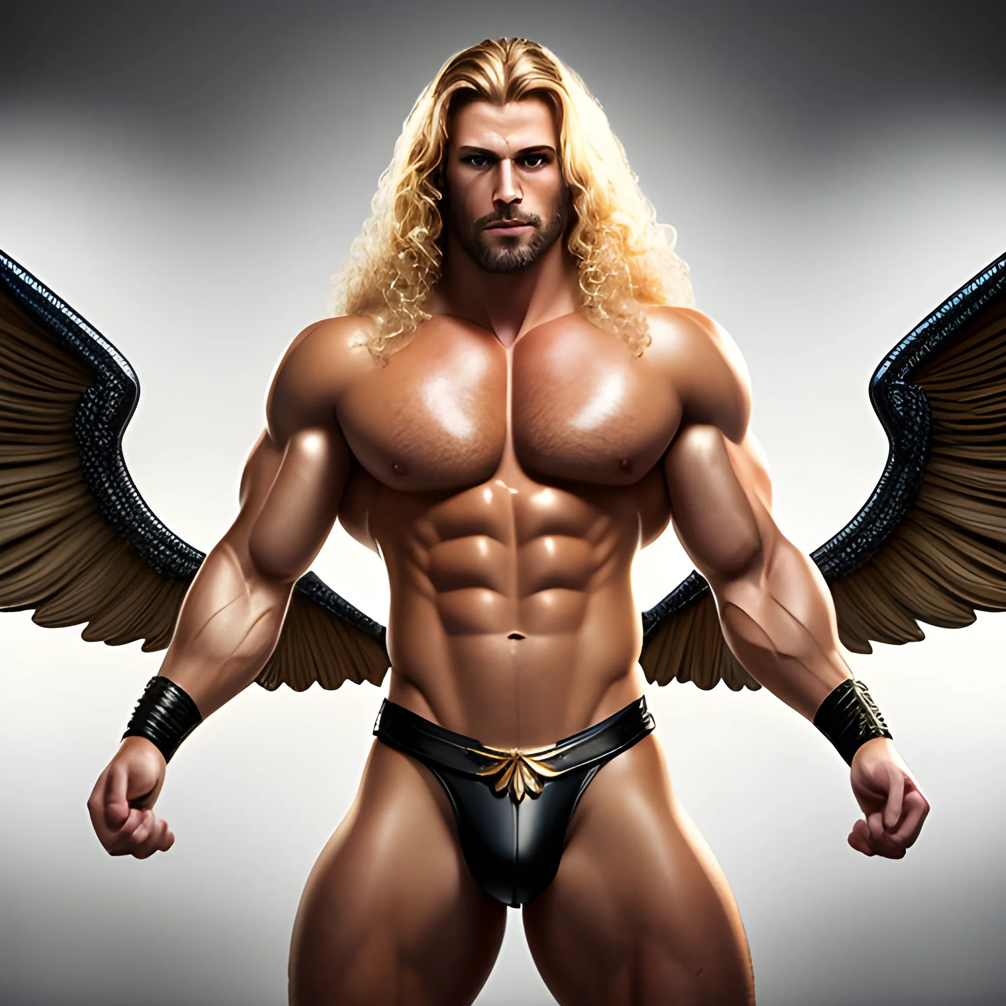 muscular blond Dude with expansive Wings,Studio lightning,high hyperdetails,handsome,beauty,muscle,standing firmly,german, tanned skin,long curly hair,,colorfull small leather tanga with gold details,same facial halves, bulge ,happy,whole body with legs,big bulge,dark piercing eyes,huge bulge,hairy,fine details, young,two identical symmetrical eyes,same colofull eyes, stubble ,blond,very long hair cascading over a hairy Chest,reminiscent of an Angel, hyperrealistic,, Oil Painting