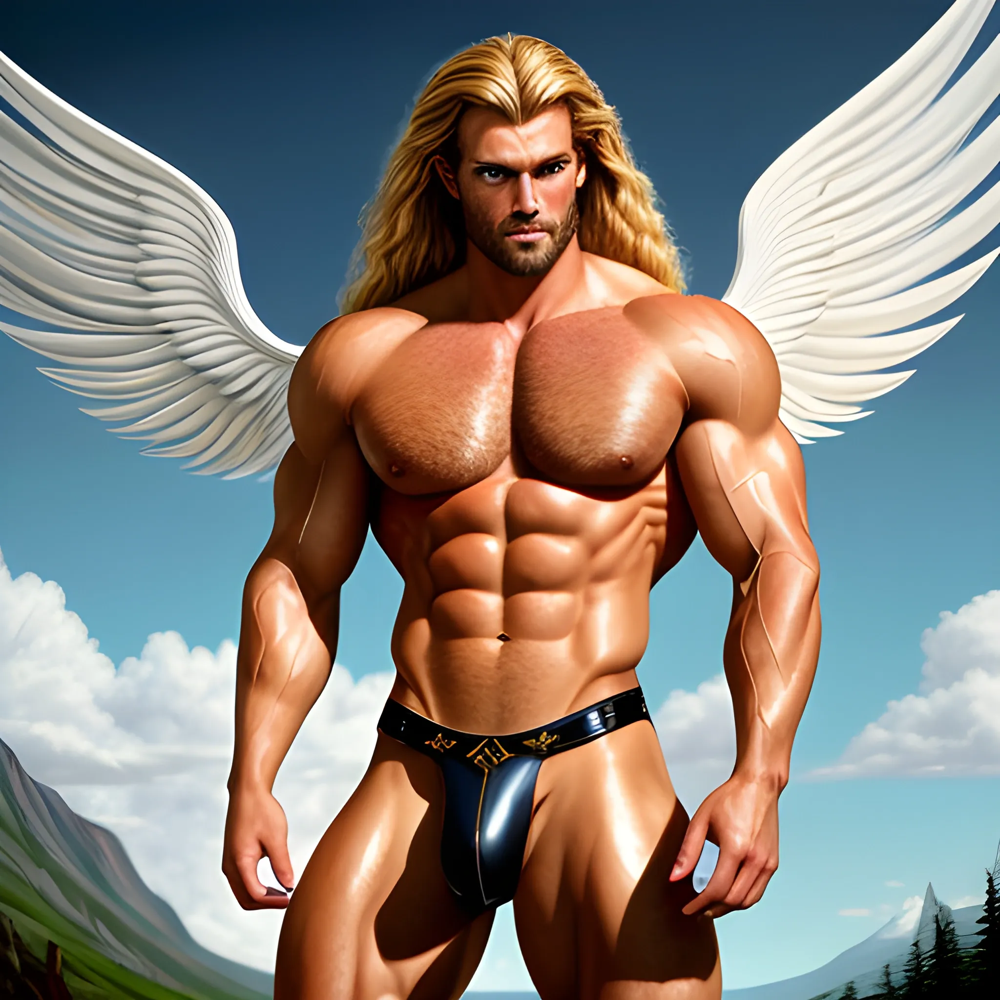 muscular blond Dude with expansive Wings,Studio lightning,high hyperdetails,handsome,beauty,muscle,standing firmly,german, tanned skin,long curly hair,,colorfull small leather tanga with gold details,same facial halves, bulge ,happy,whole body with legs,big bulge,dark piercing eyes,huge bulge,hairy,fine details, young,two identical symmetrical eyes,same colofull eyes, stubble ,blond,very long hair cascading over a hairy Chest,reminiscent of an Angel, hyperrealistic,, Oil Painting