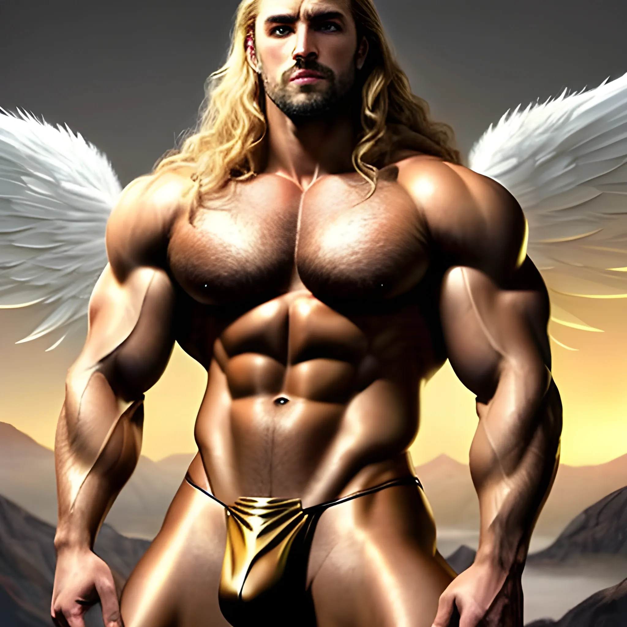 muscular blond Dude with expansive Wings,Studio lightning,high hyperdetails,handsome,beauty,muscle,standing firmly,german, tanned skin,long curly hair,,colorfull small leather tanga with gold details,same facial halves, bulge ,happy,whole body with legs,big bulge,dark piercing eyes,huge bulge,hairy,fine details, young,two identical symmetrical eyes,same colofull eyes, stubble ,blond,very long hair cascading over a hairy Chest,reminiscent of an Angel, hyperrealistic,, Oil Painting