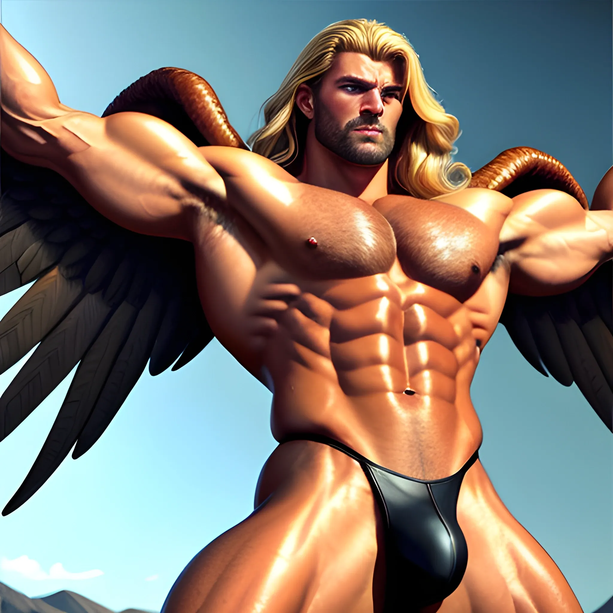 muscular blond Dude with expansive Wings,Studio lightning,high hyperdetails,handsome,beauty,muscle,standing firmly,german, tanned skin,long curly hair,,colorfull small leather tanga with gold details,same facial halves, bulge ,happy,whole body with legs,big bulge,dark piercing eyes,huge bulge,hairy,fine details, young,two identical symmetrical eyes,same colofull eyes, stubble ,blond,very long hair cascading over a hairy Chest,reminiscent of an Angel, hyperrealistic,, Oil Painting