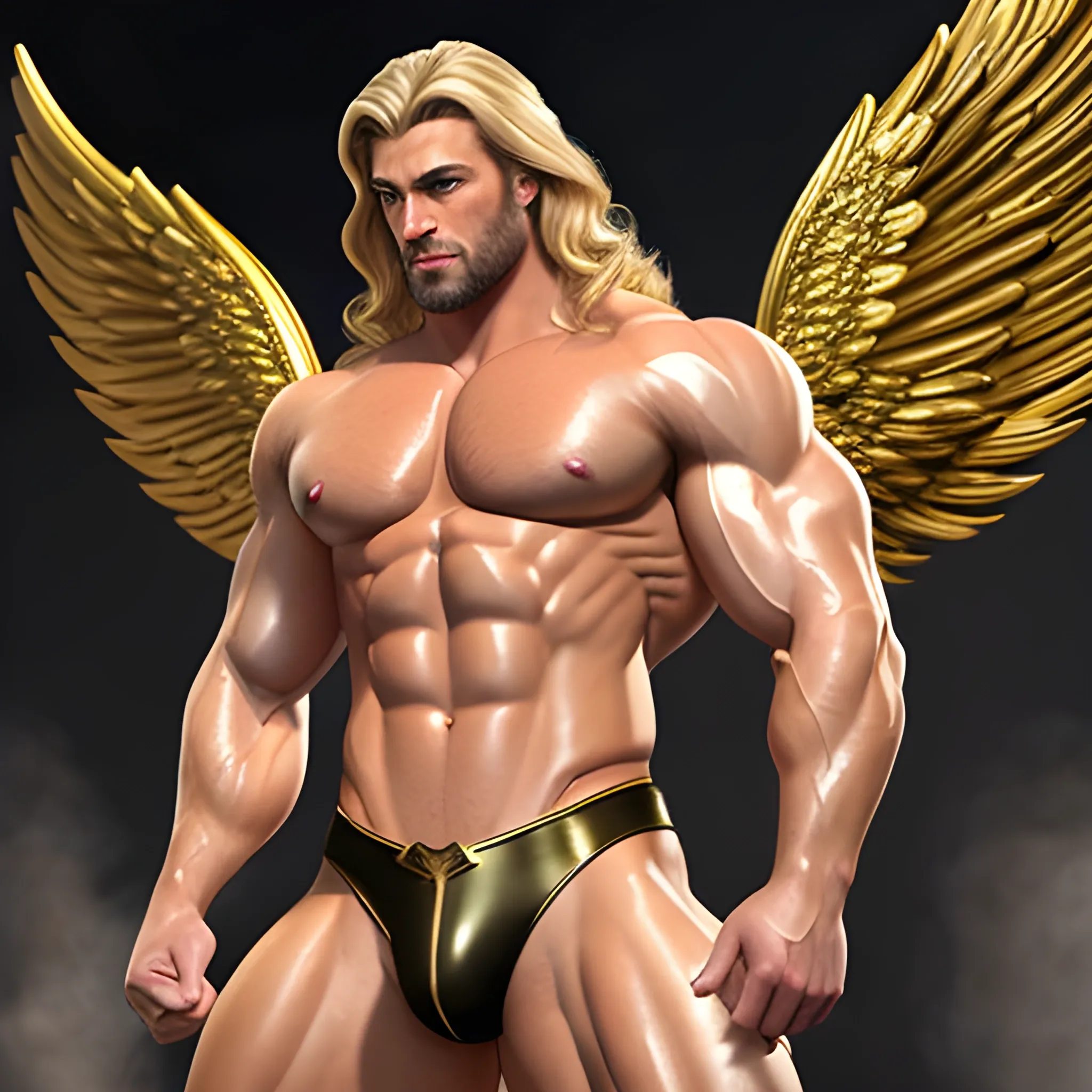 muscular blond Dude with expansive Wings,Studio lightning,high hyperdetails,handsome,beauty,muscle,standing firmly,german, tanned skin,long curly hair,,colorfull small leather tanga with gold details,same facial halves, bulge ,happy,whole body with legs,big bulge,dark piercing eyes,huge bulge,hairy,fine details, young,two identical symmetrical eyes,same colofull eyes, stubble ,blond,very long hair cascading over a hairy Chest,reminiscent of an Angel, hyperrealistic,more realistic bulge, Oil Painting