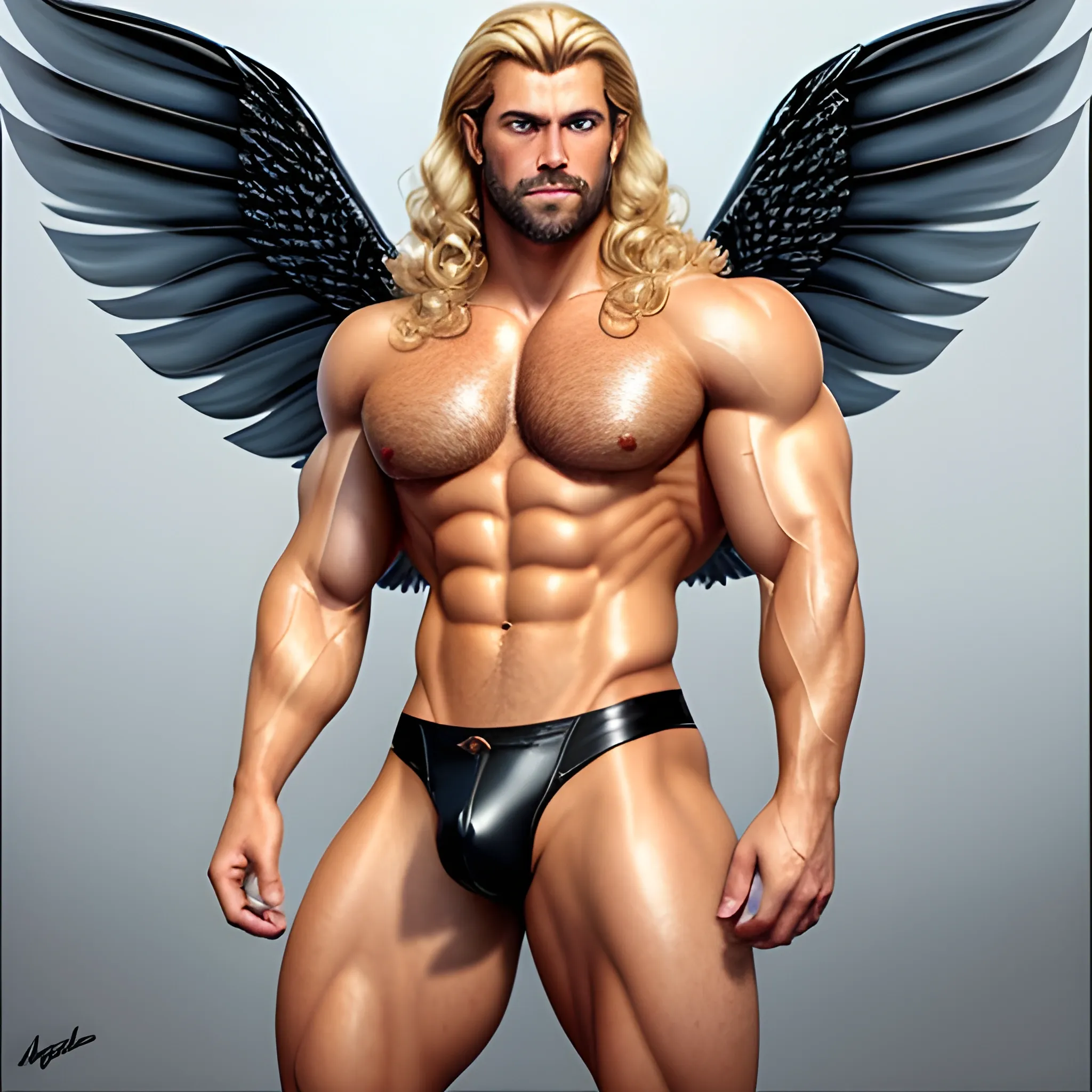 muscular blond Dude with expansive Wings,Studio lightning,high hyperdetails,handsome,beauty,muscle,standing firmly,german, tanned skin,long curly hair,,colorfull small leather tanga with gold details,same facial halves, bulge ,happy,whole body with legs,big bulge,dark piercing eyes,huge bulge,hairy,fine details, young,two identical symmetrical eyes,same colofull eyes, stubble ,blond,very long hair cascading over a hairy Chest,reminiscent of an Angel, hyperrealistic,more realistic bulge, Oil Painting