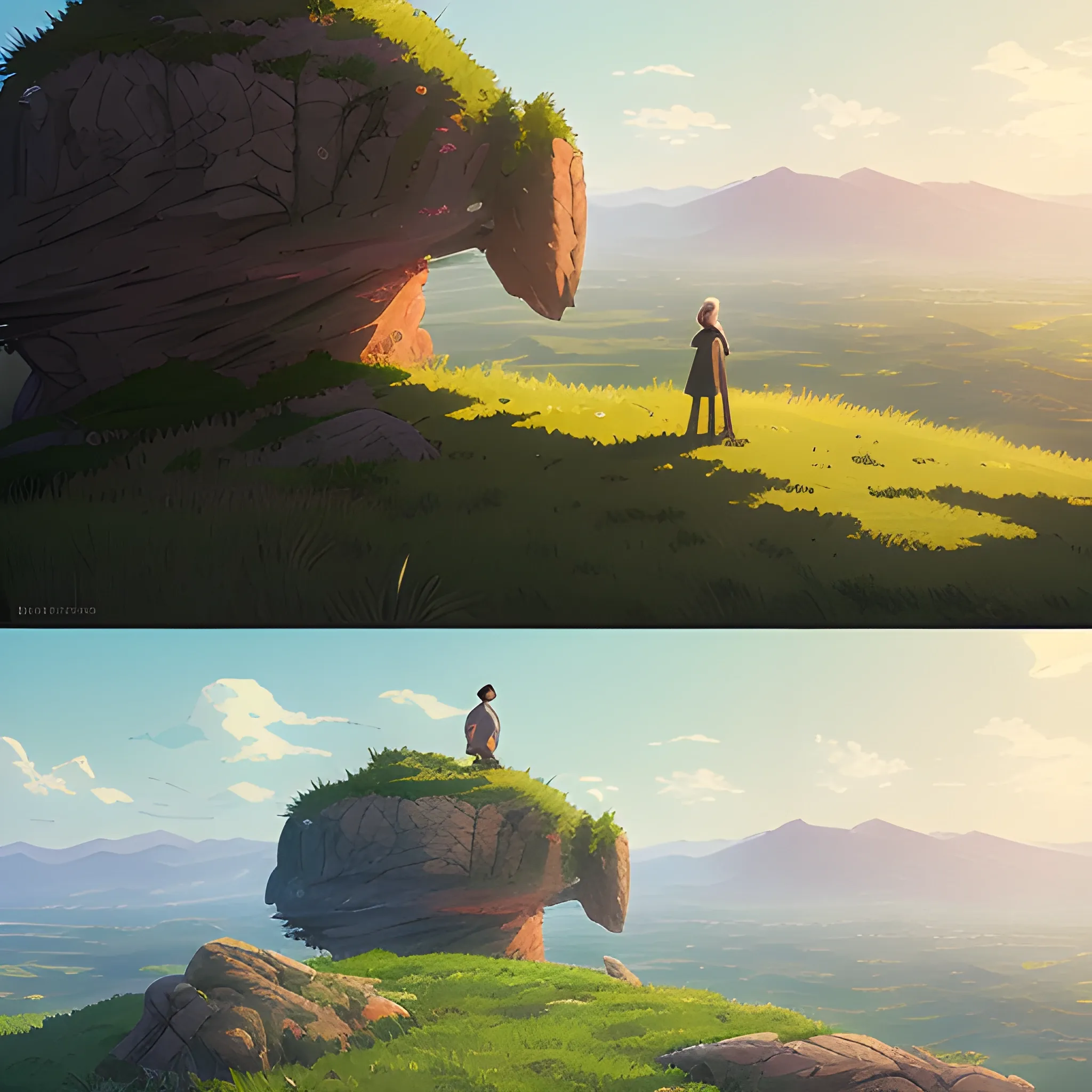 on top of a rock with grass... in the style of makoto shinkai and greg rutkowski and albert bierstadt and james gurney