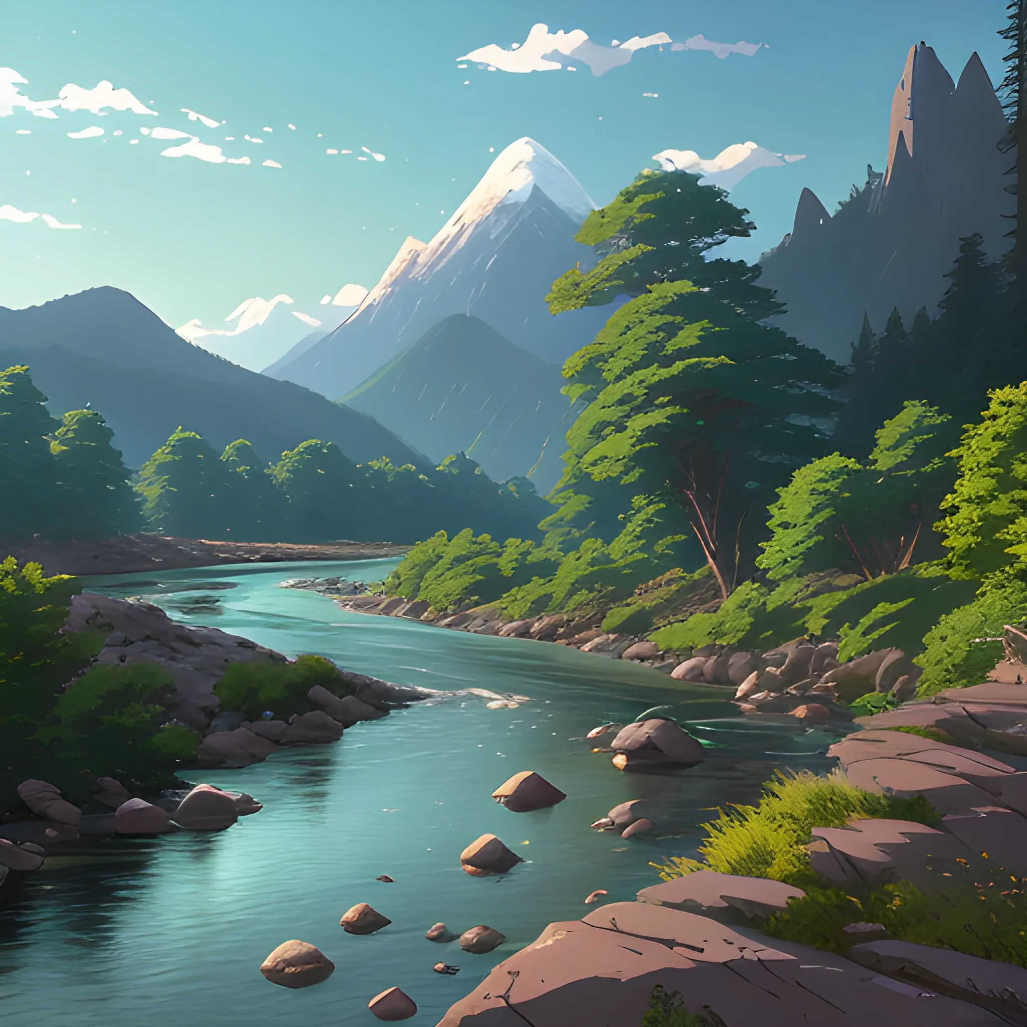 river with rocks, trees and mountains in distance... in the style of makoto shinkai and greg rutkowski and albert bierstadt and james gurney