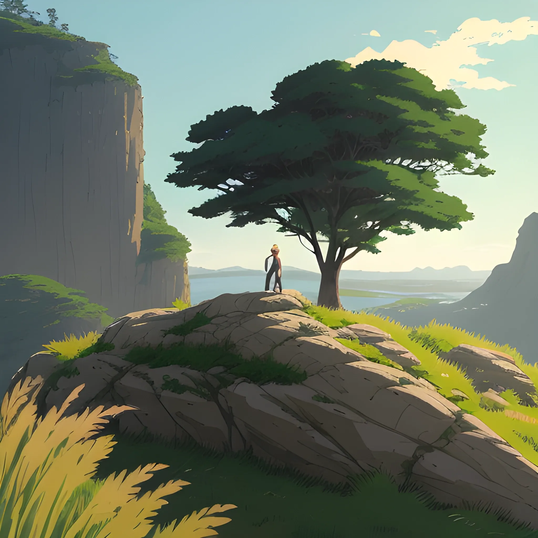 on top of a rock with grass... in the style of makoto shinkai an ...