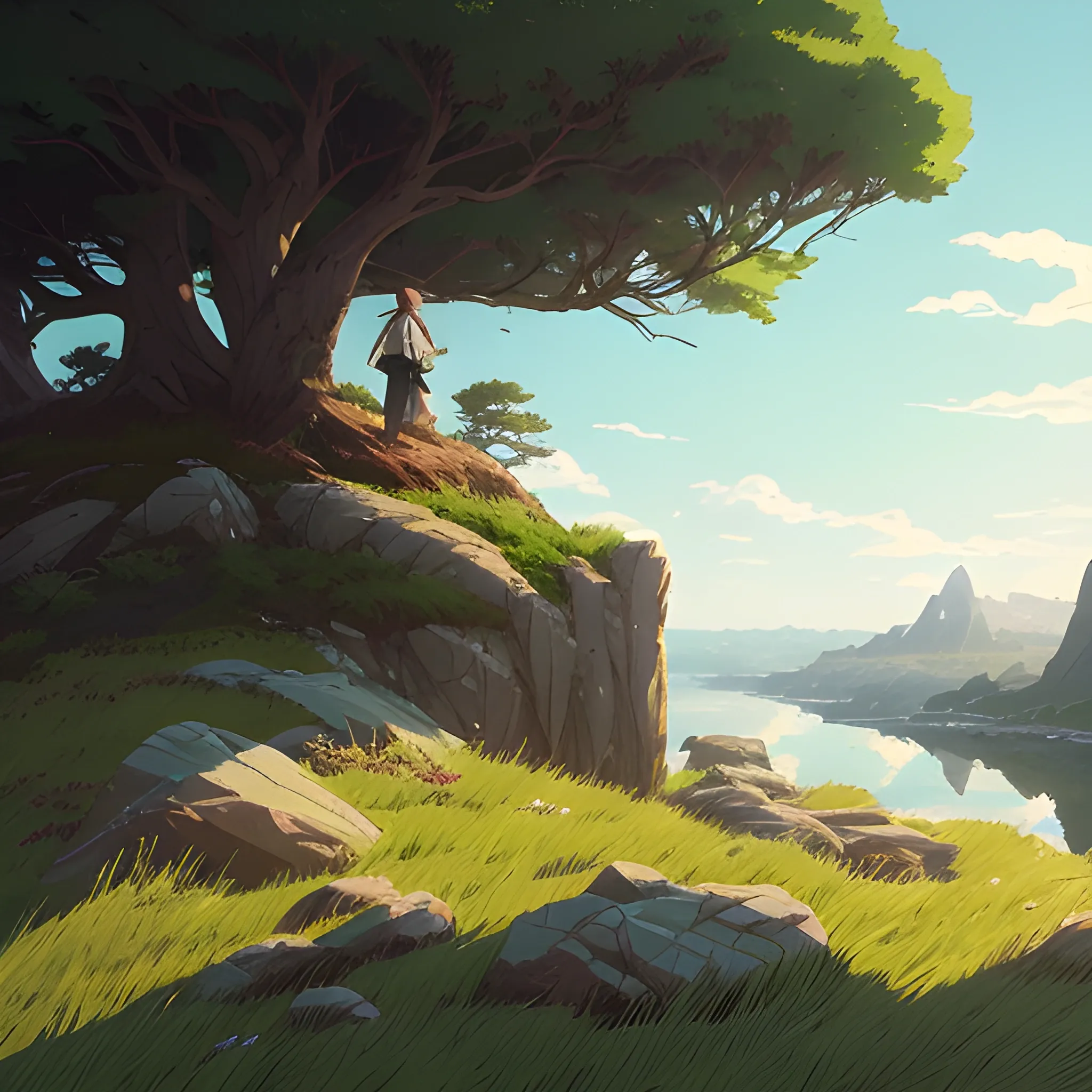 on top of a rock with grass... in the style of makoto shinkai and greg rutkowski and albert bierstadt and james gurney