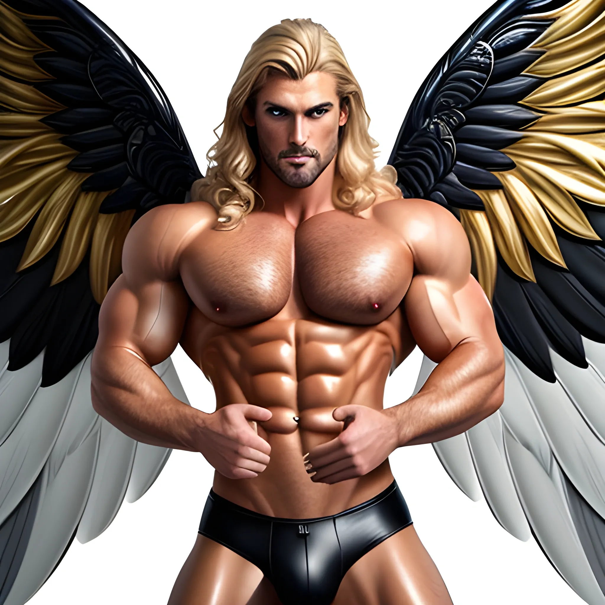 muscular blond Dude with expansive Wings,Studio lightning,high hyperdetails,handsome,beauty,muscle,standing firmly,german, tanned skin,long curly hair,,colorfull small leather tanga with gold details,same facial halves, bulge ,happy,whole body with legs,big bulge,dark piercing eyes,huge bulge,hairy,fine details, young,two identical symmetrical eyes,same colofull eyes, stubble ,blond,very long hair cascading over a hairy Chest,reminiscent of an Angel, hyperrealistic,more realistic bulge, Oil Painting