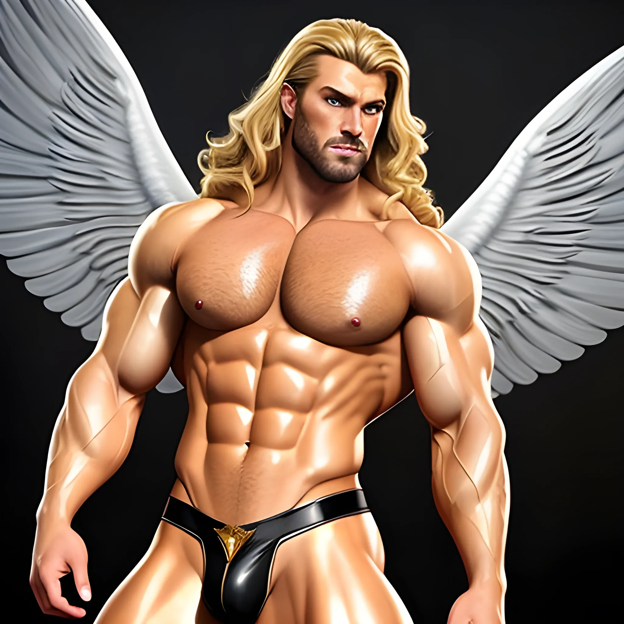 muscular blond Dude with expansive Wings,Studio lightning,high hyperdetails,handsome,beauty,muscle,standing firmly,german, tanned skin,long curly hair,,colorfull small leather tanga with gold details,same facial halves, bulge ,happy,whole body with legs,big bulge,dark piercing eyes,huge bulge,hairy,fine details, young,two identical symmetrical eyes,same colofull eyes, stubble ,blond,very long hair cascading over a hairy Chest,reminiscent of an Angel, hyperrealistic,more realistic bulge, Oil Painting