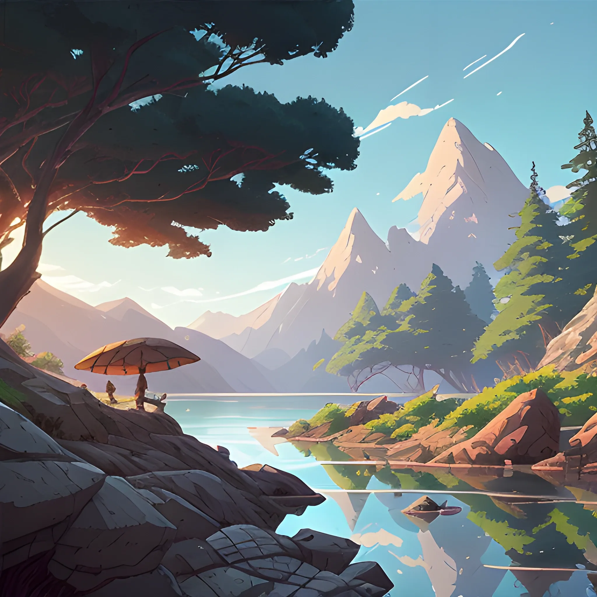 , Cartoon ground with rocks,There are mountains, water, big trees and a road in the style of makoto shinkai and greg rutkowski and albert bierstadt and james gurney